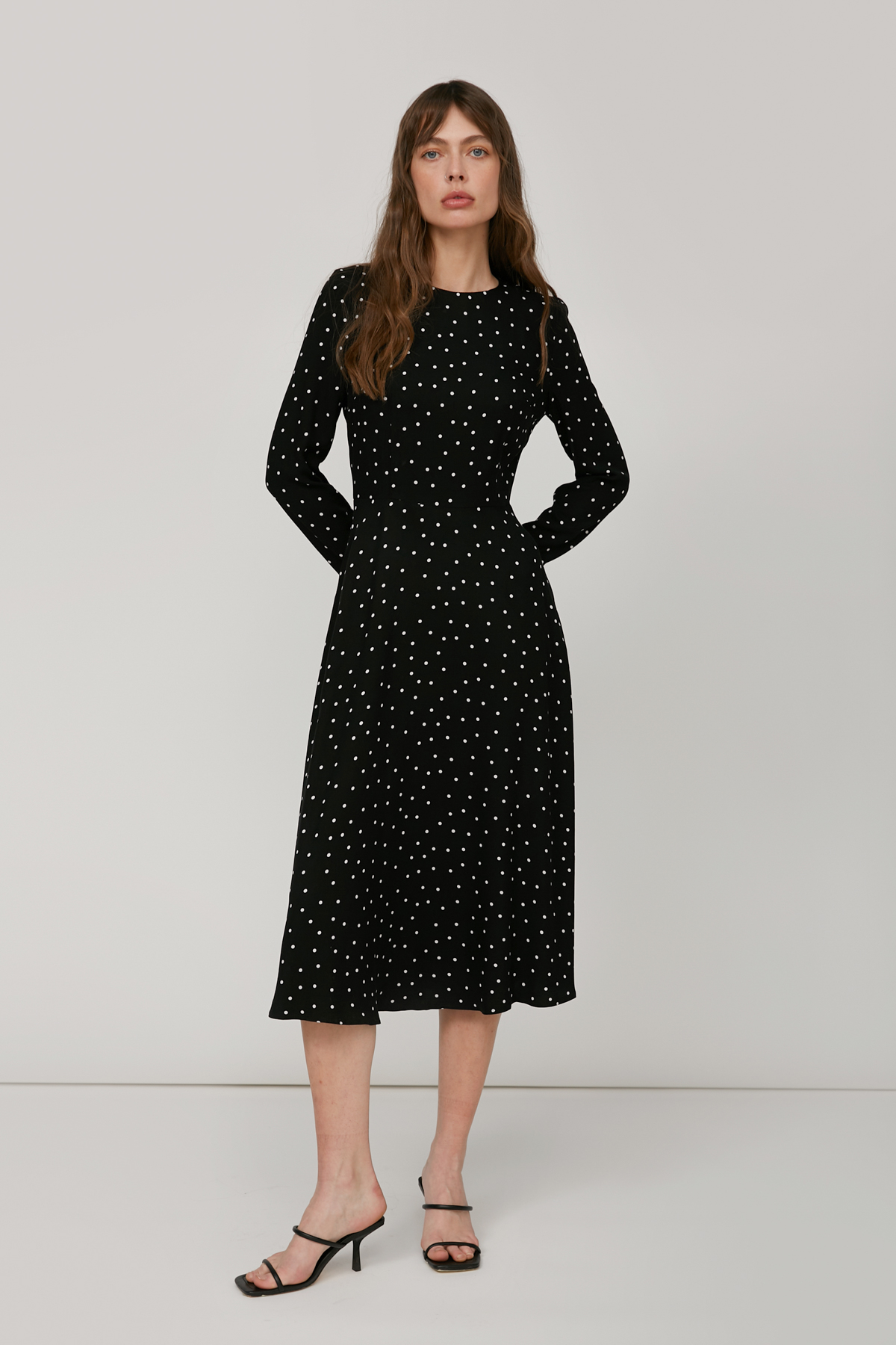 Midi black dress with a white polka dot print , photo 1