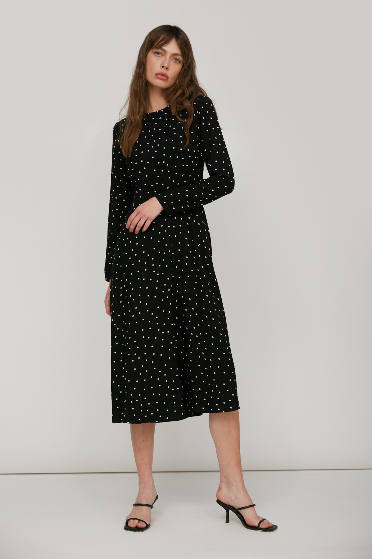 Midi black dress with a white polka dot print , photo 2