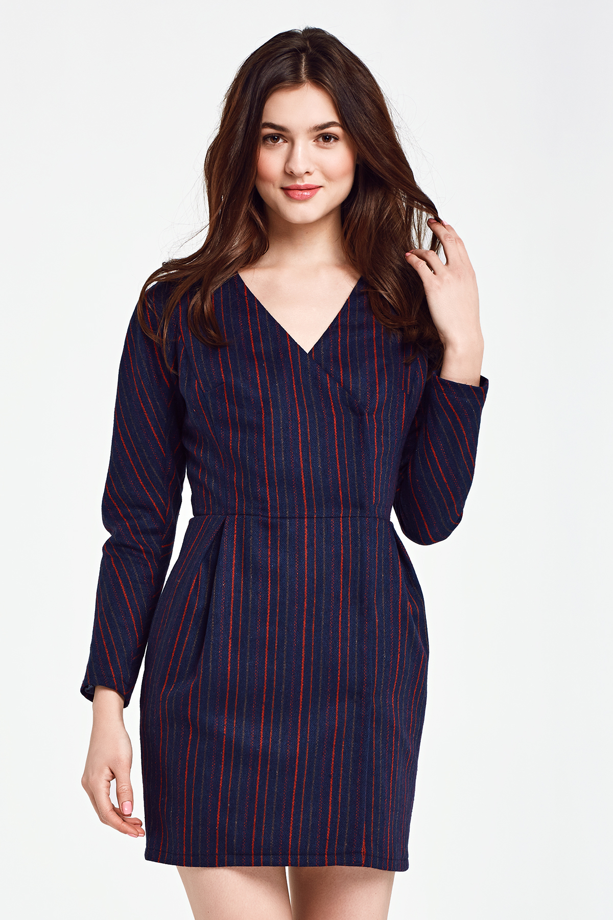 Blue dress with a wrap top and red stripes, photo 1