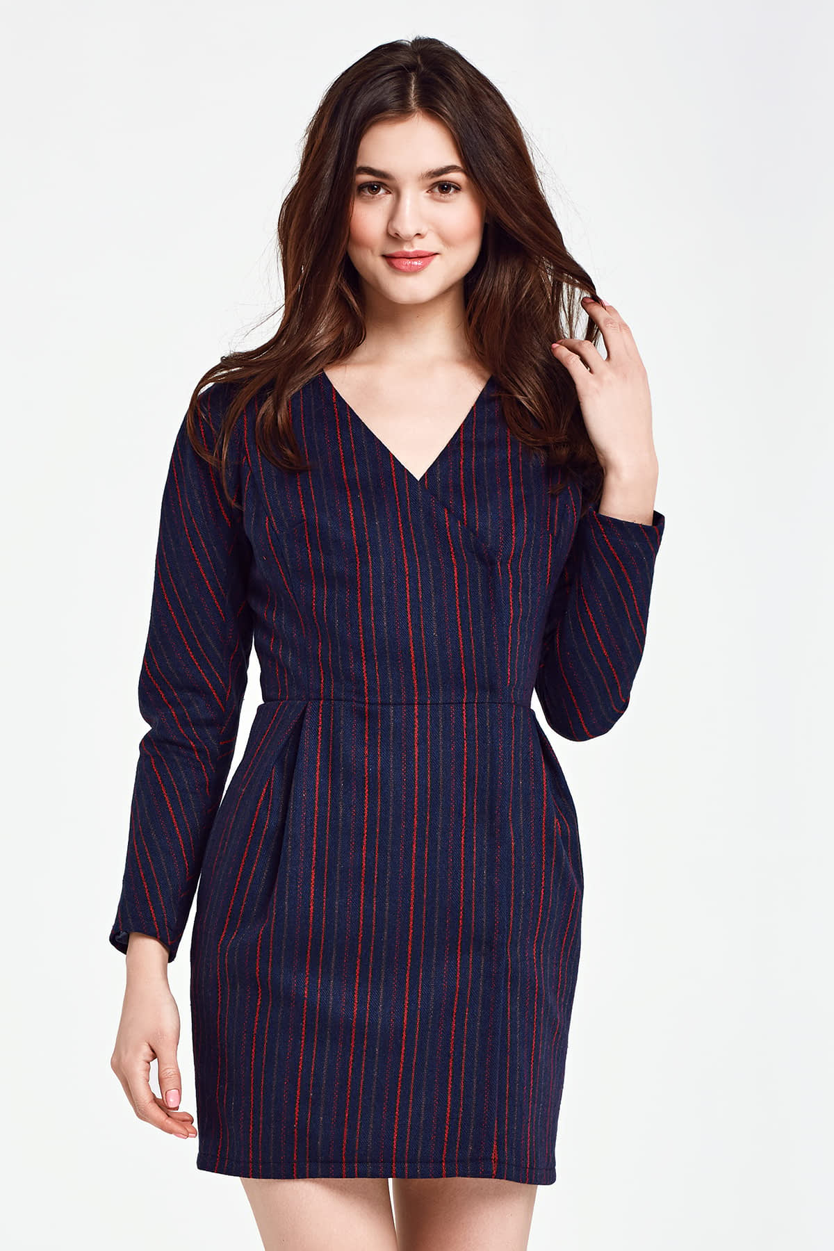 Blue dress with a wrap top and red stripes, photo 2
