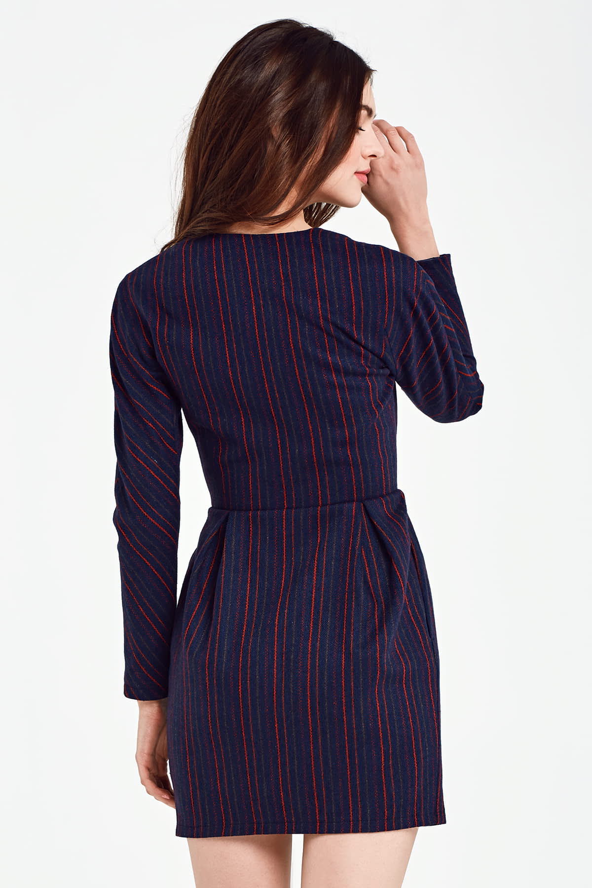 Blue dress with a wrap top and red stripes, photo 4