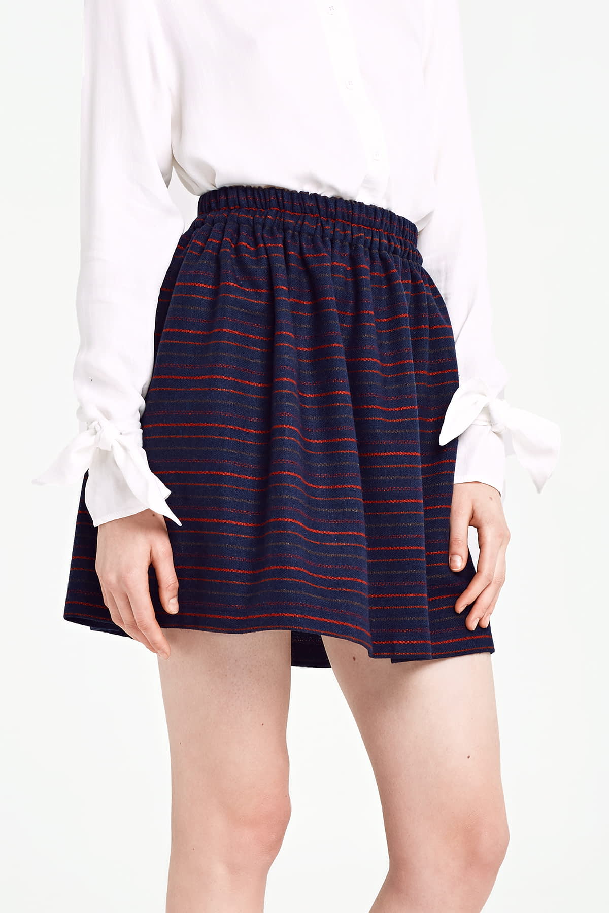 Dark blue skirt with an elastic waistband and red stripes, photo 2