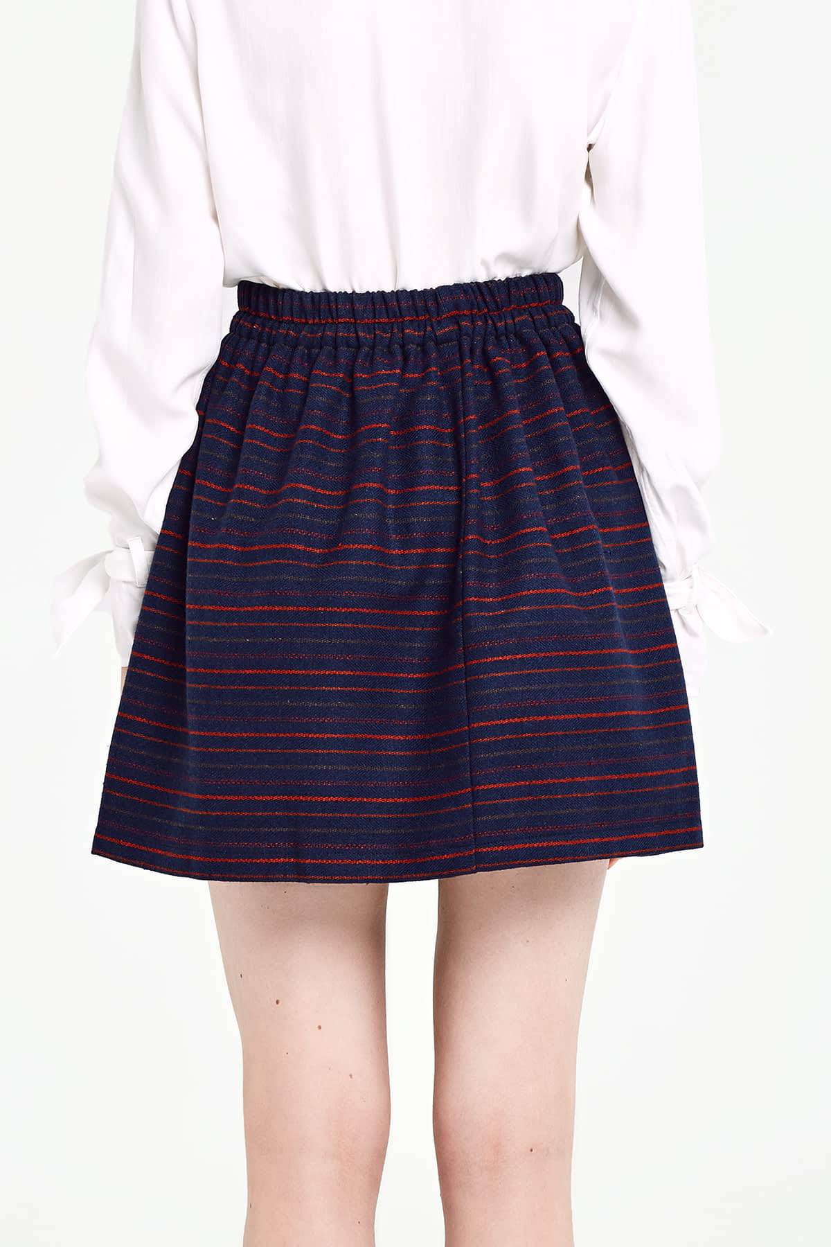 Dark blue skirt with an elastic waistband and red stripes, photo 4