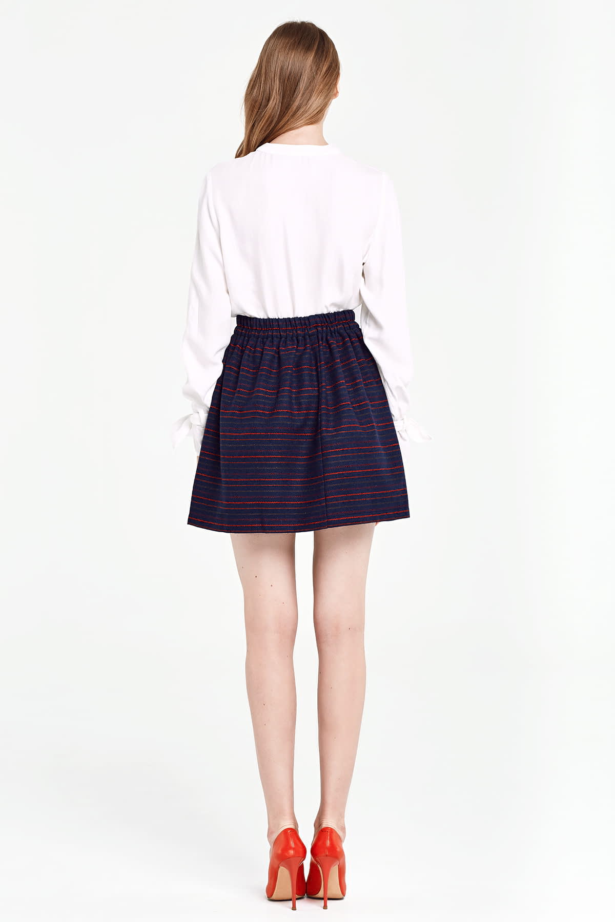 Dark blue skirt with an elastic waistband and red stripes, photo 5