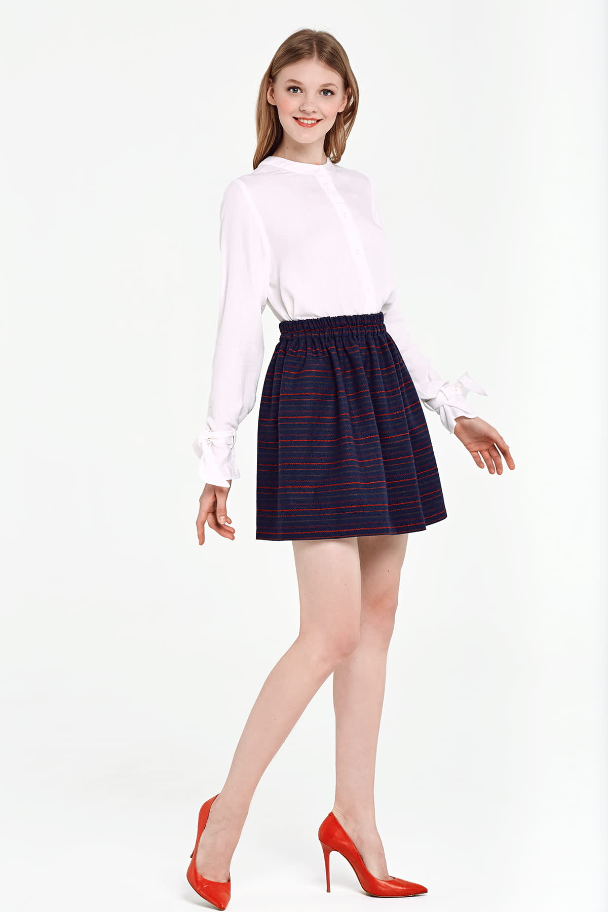 Dark blue skirt with an elastic waistband and red stripes, photo 6