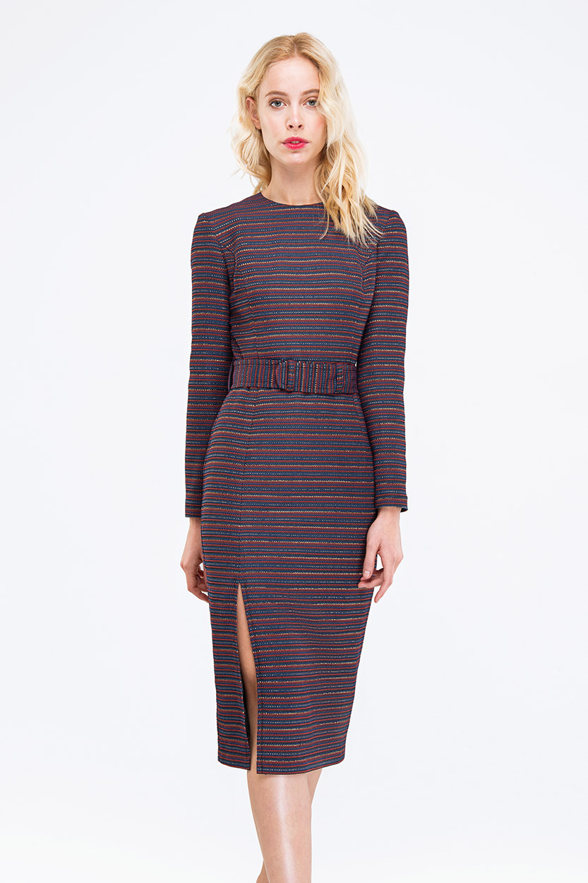 Striped column dress with lurex and slit, photo 1