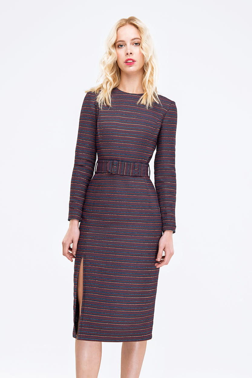 Striped column dress with lurex and slit, photo 2