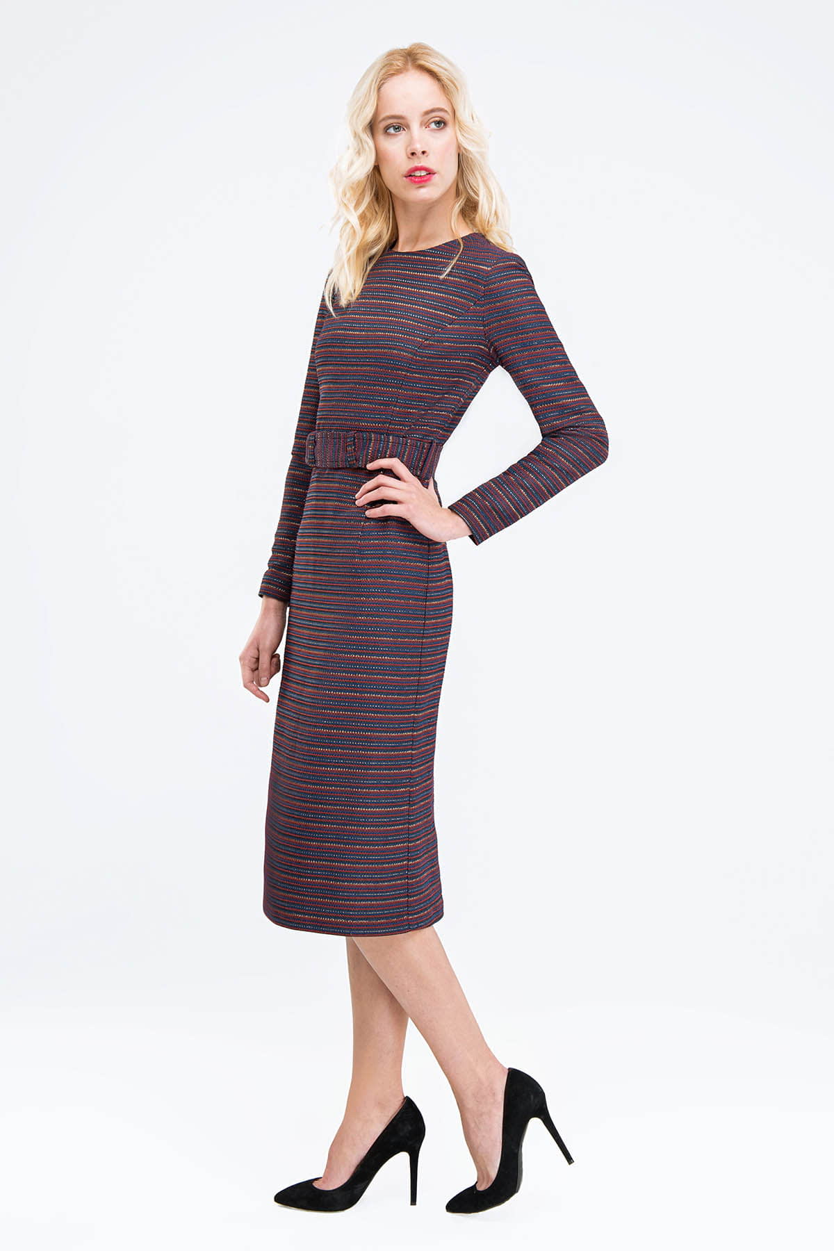 Striped column dress with lurex and slit, photo 3