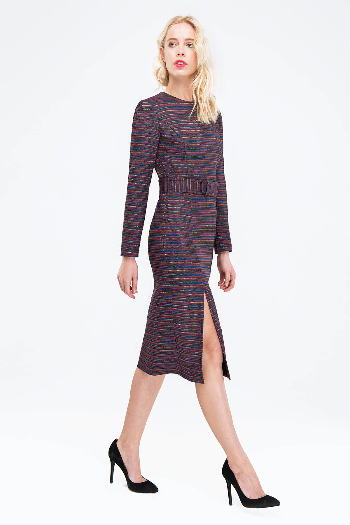 Striped column dress with lurex and slit, photo 5