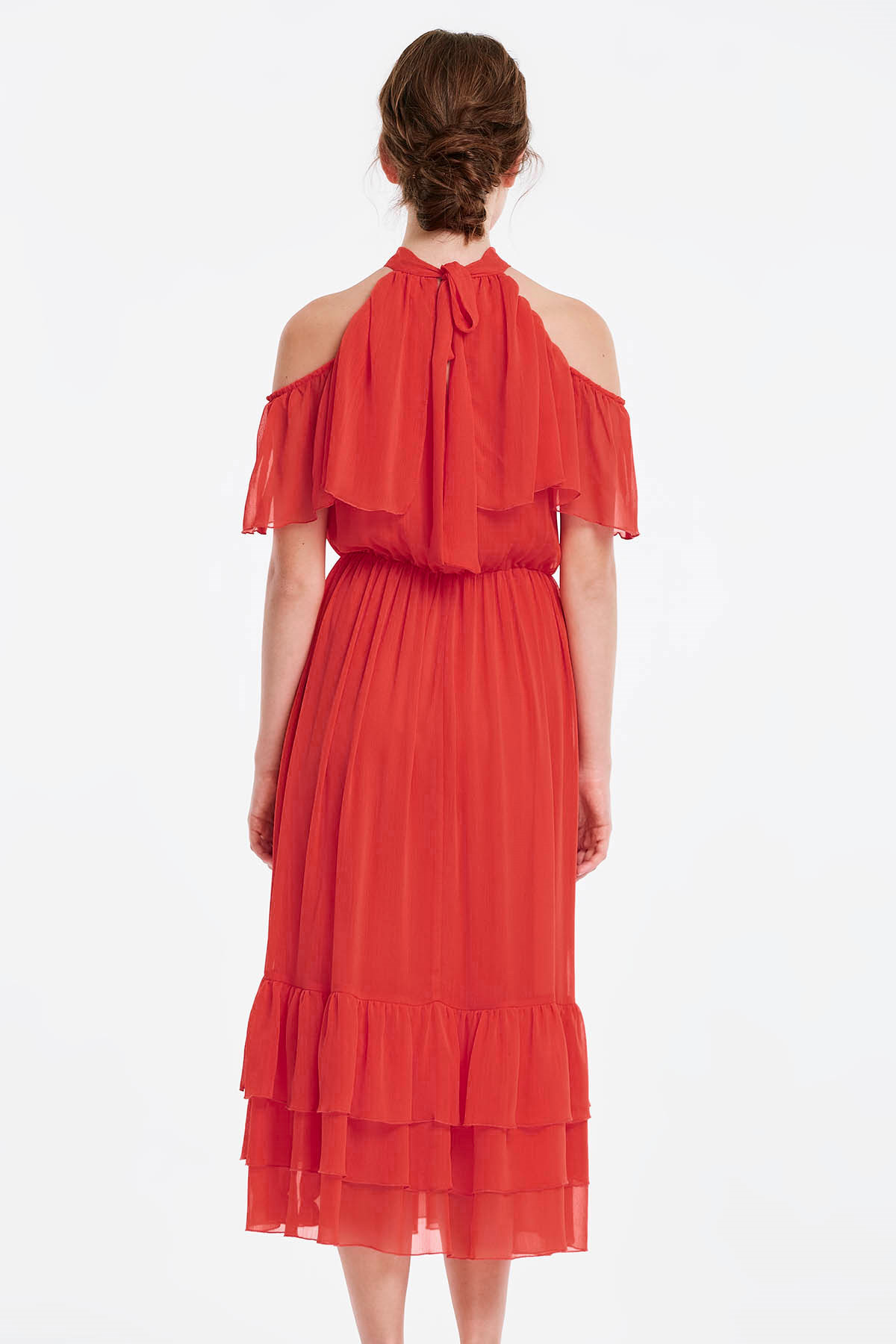 Червона сукня з воланами та відкритими плечима, фото 2
