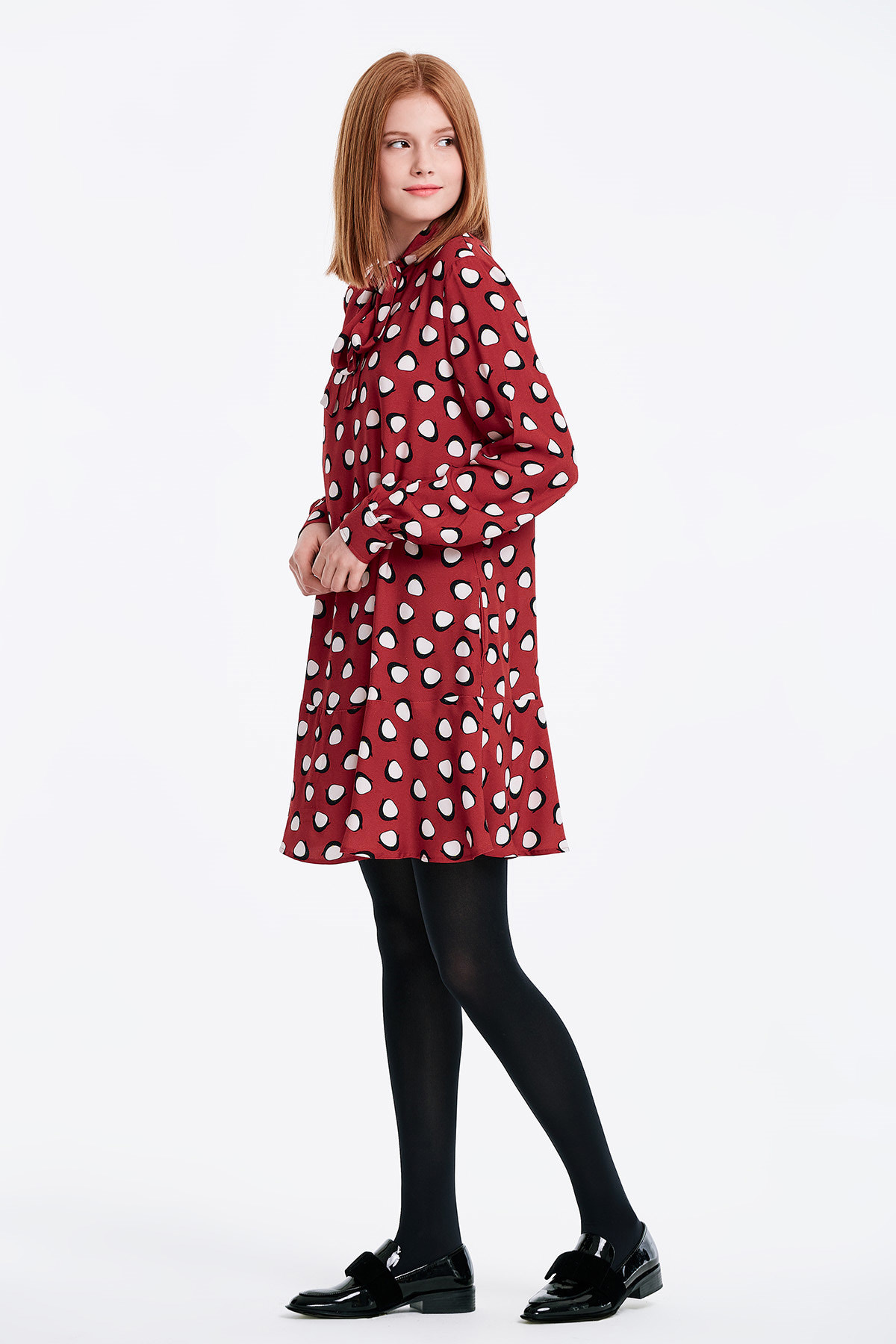 Red dress with a flounce and a bow, penguins print, photo 4