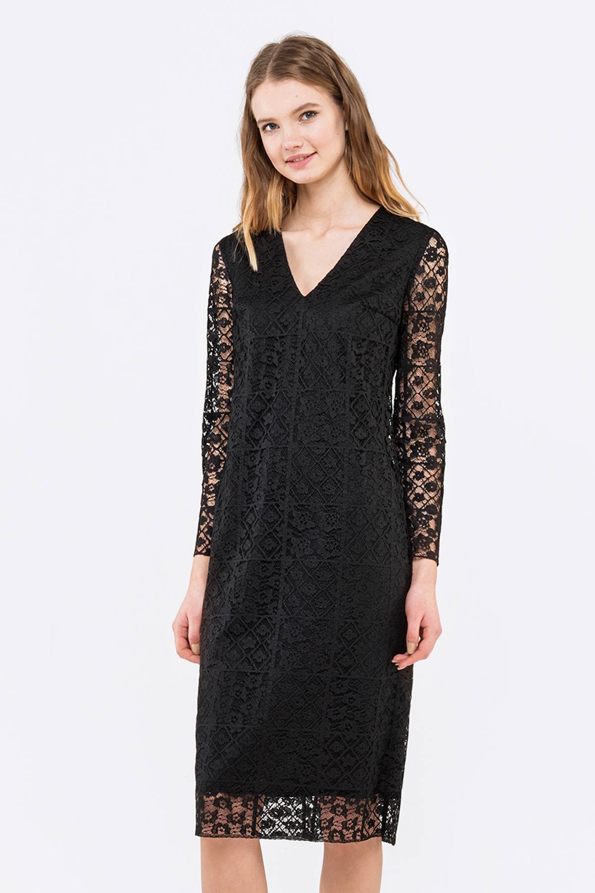 Straight midi dress, black lace, photo 1