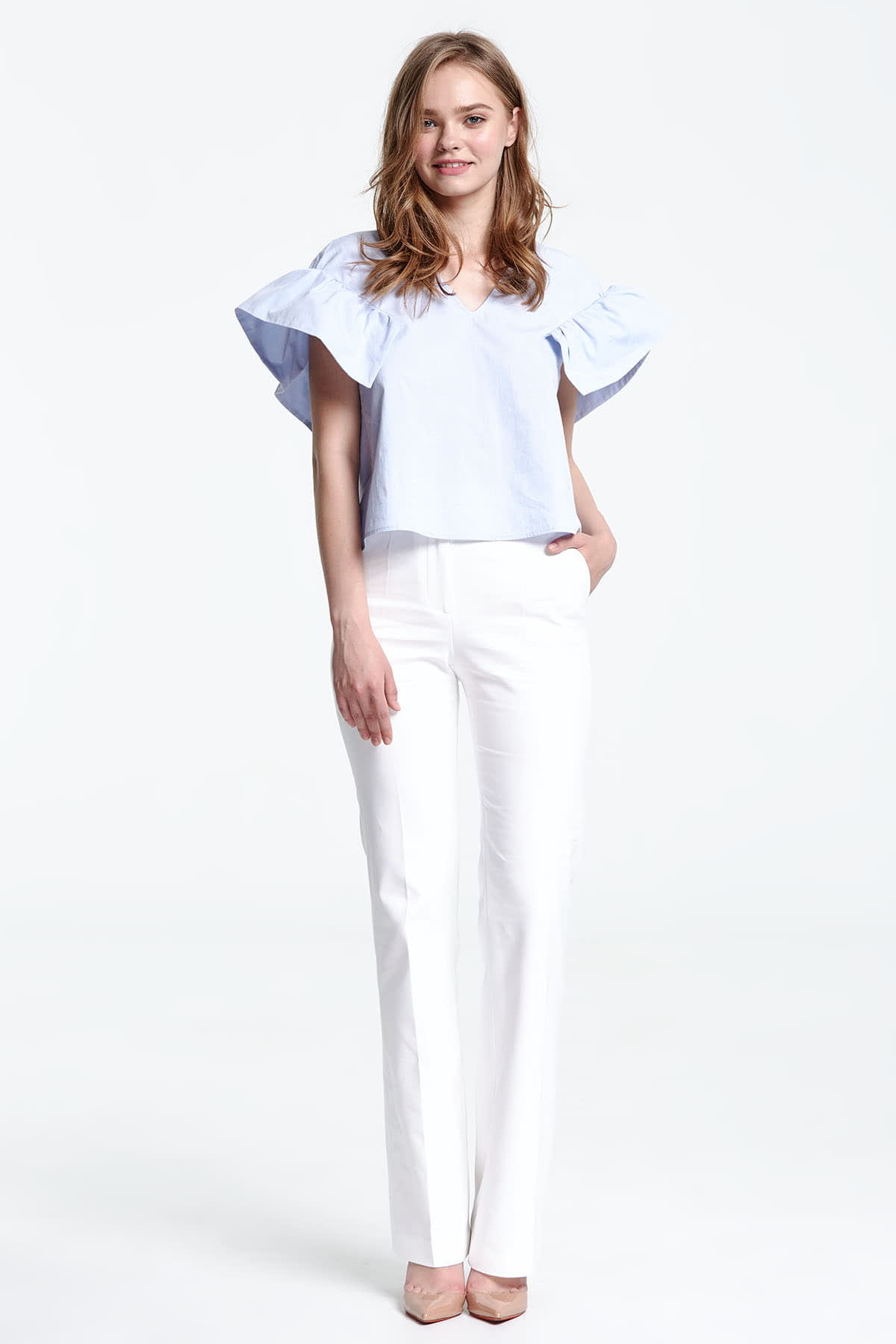 Swing blue top with flounced sleeves , photo 1