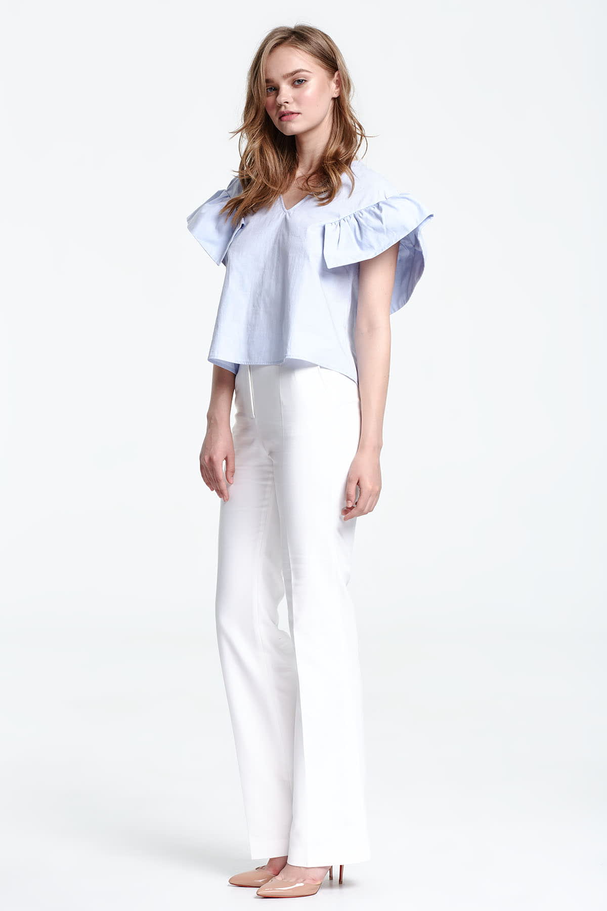 Swing blue top with flounced sleeves , photo 3