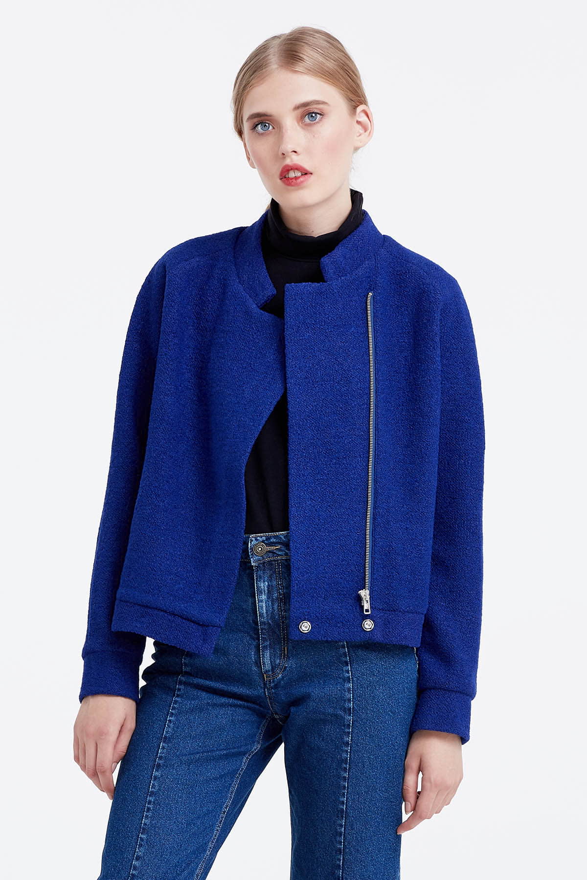 Blue jacket with an asymmetrical closing , photo 1