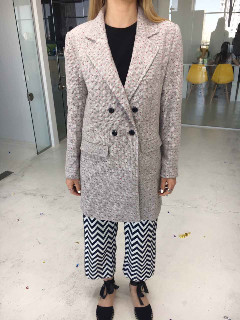 Long double-breasted jacket with rhombs and pink dots , photo 2