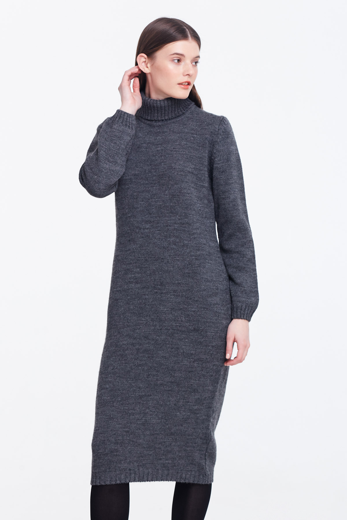 Grey knit dress with a stand up collar, photo 1