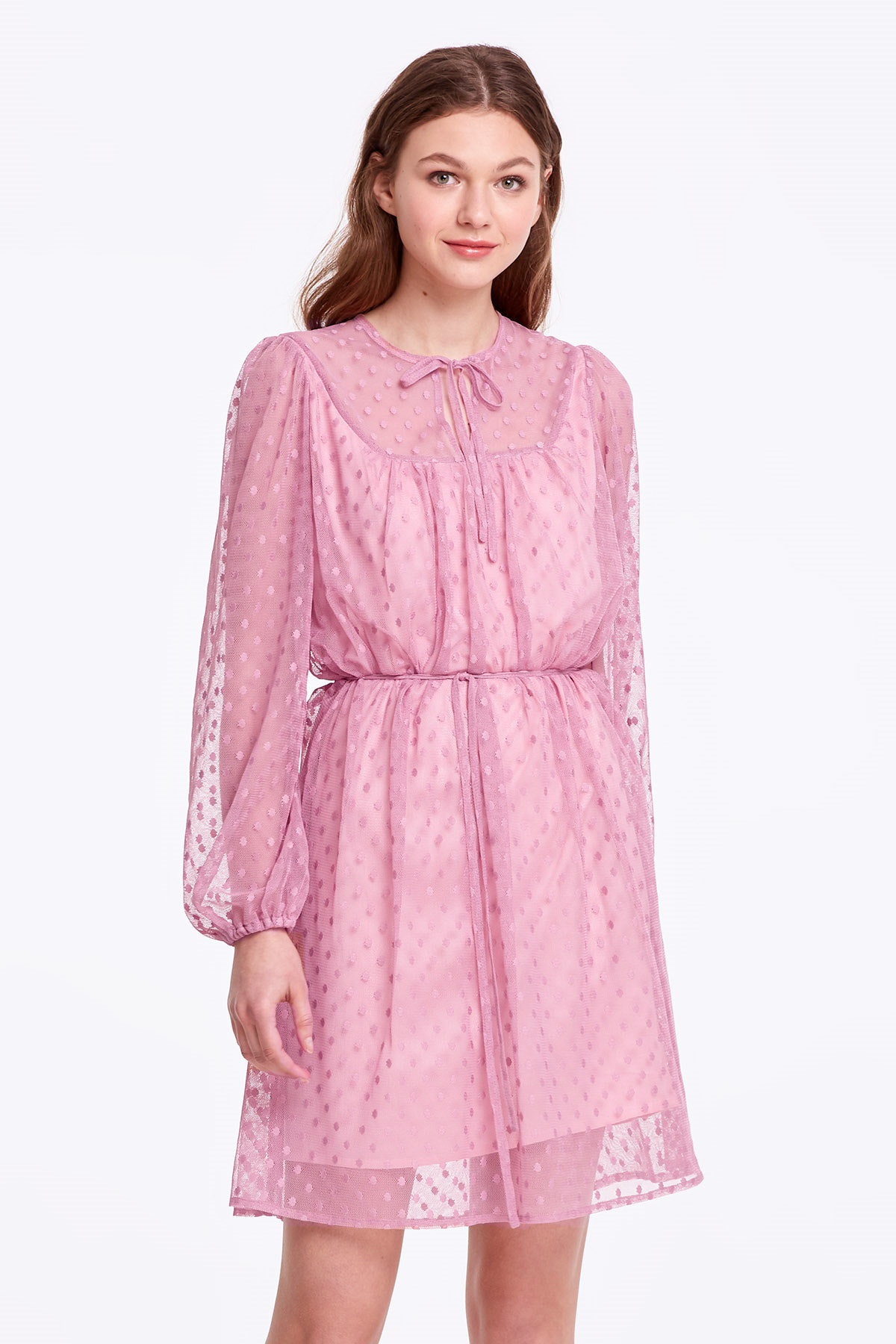 Pink dress with a polka dot print and ties, photo 1