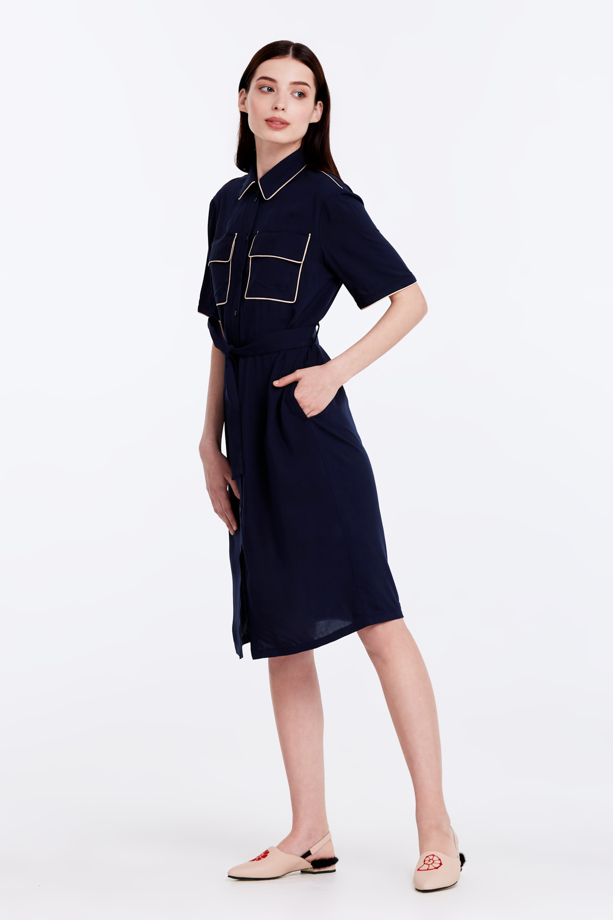 Dark-blue dress with a beige piping, photo 3