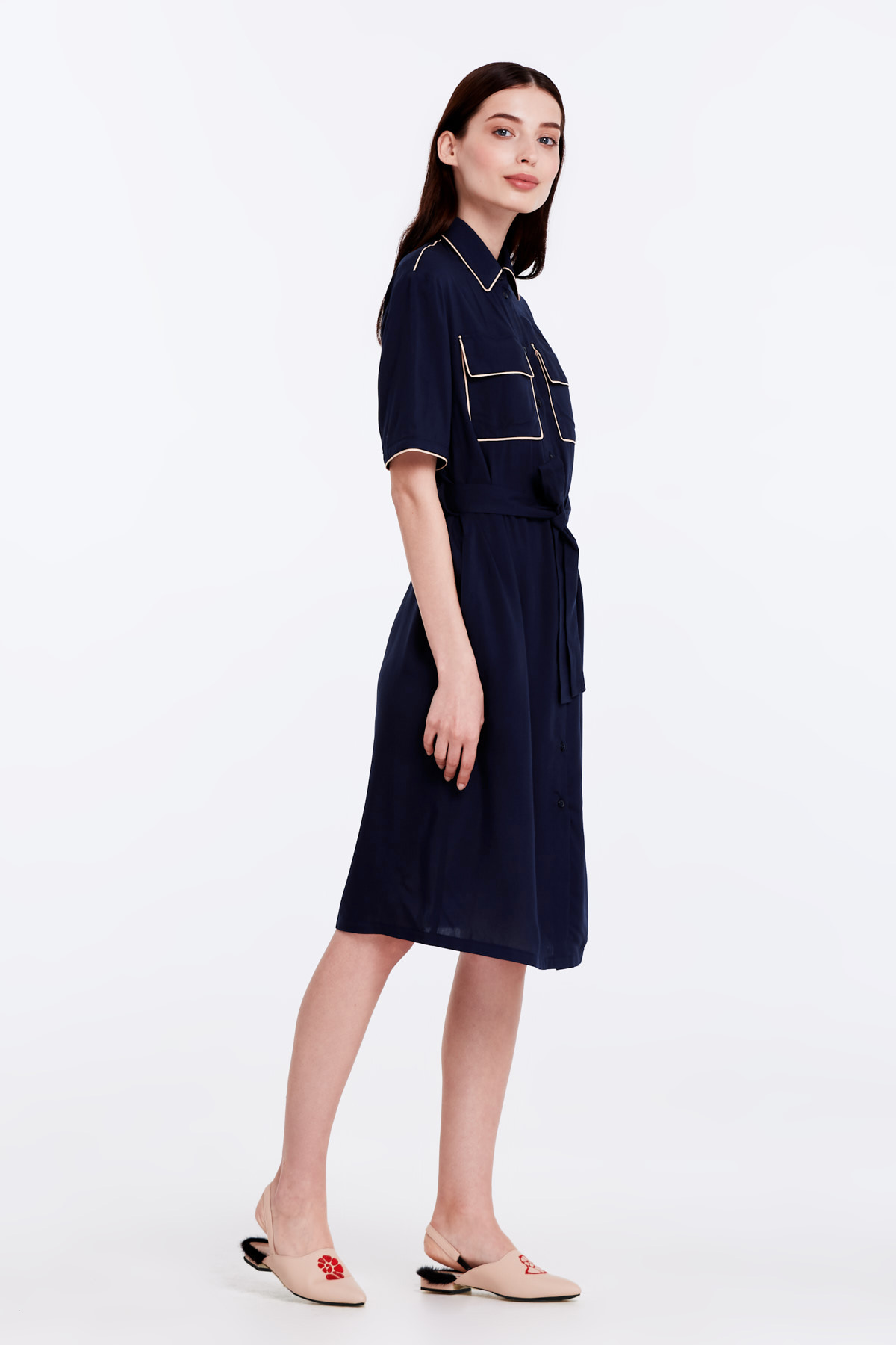 Dark-blue dress with a beige piping, photo 4