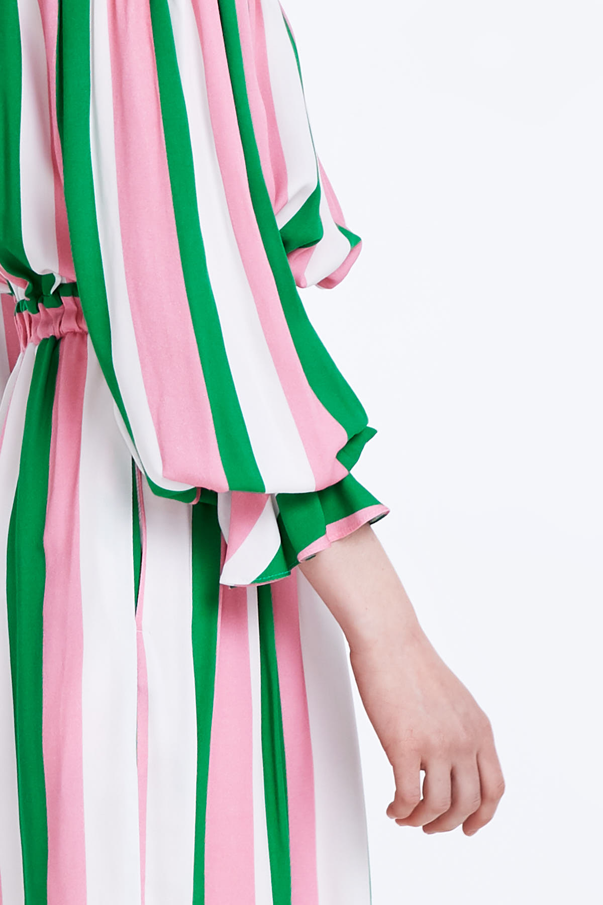 Off-shoulder dress with white, green and pink stripes, photo 1