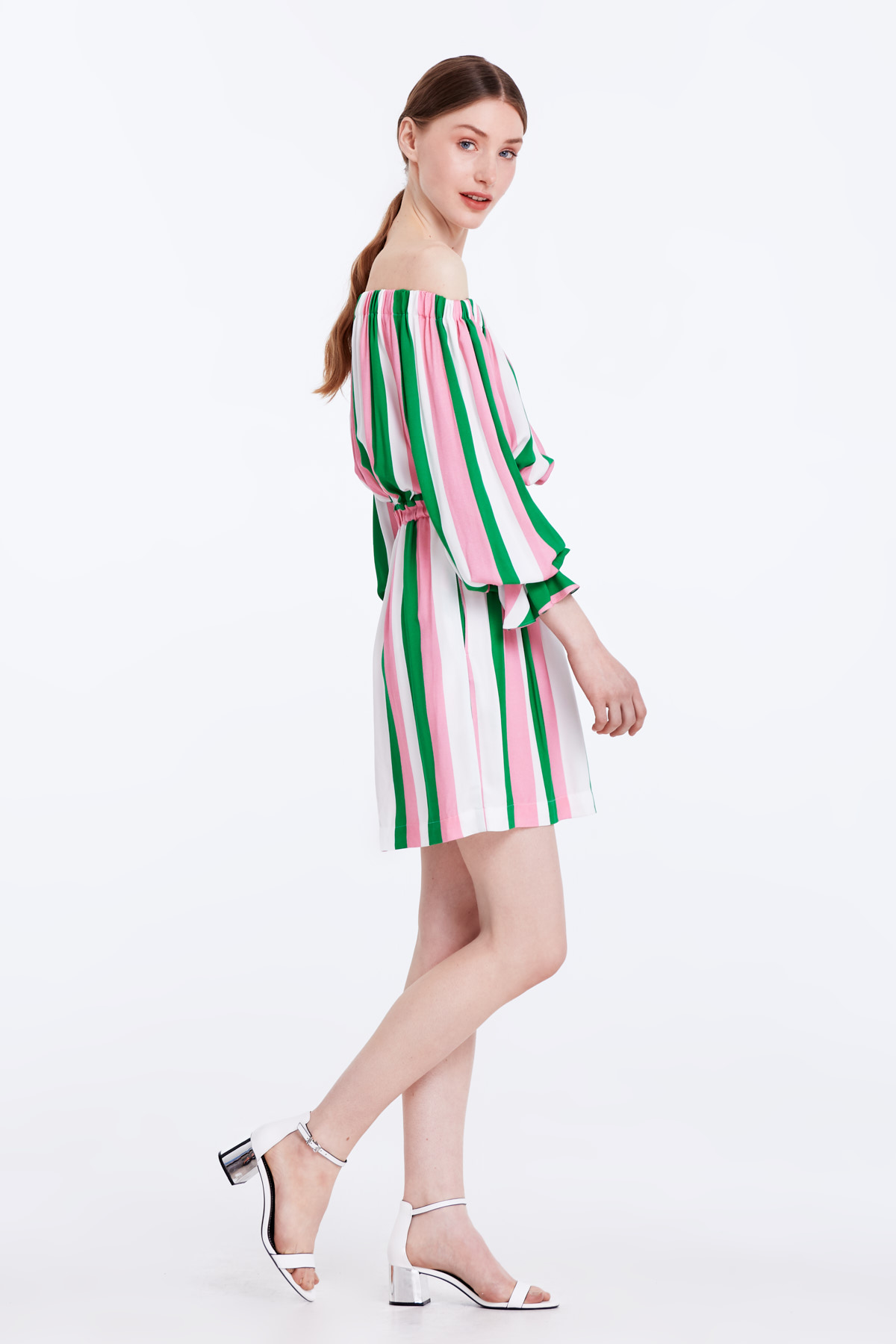 Off-shoulder dress with white, green and pink stripes, photo 2
