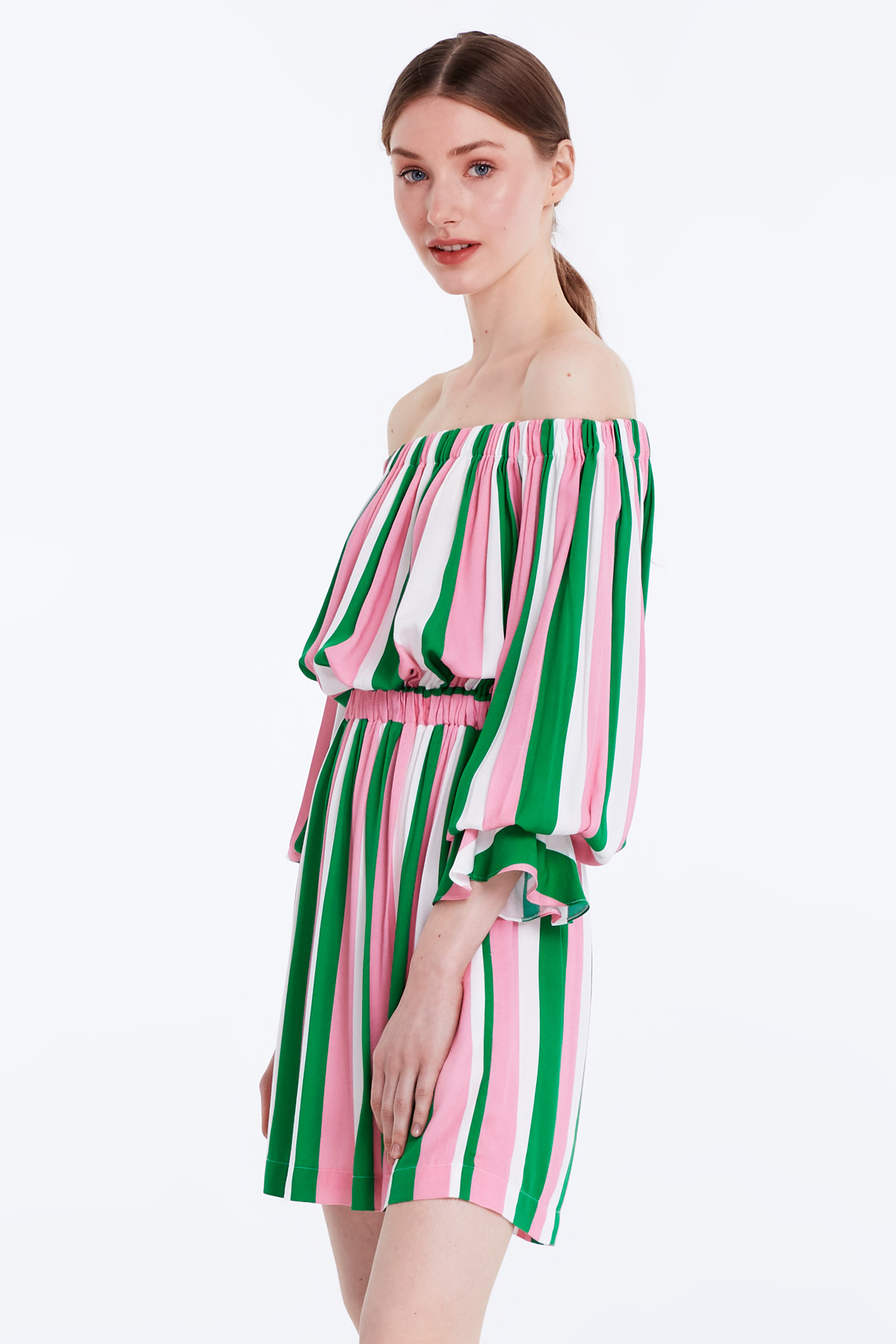 Off-shoulder dress with white, green and pink stripes, photo 3
