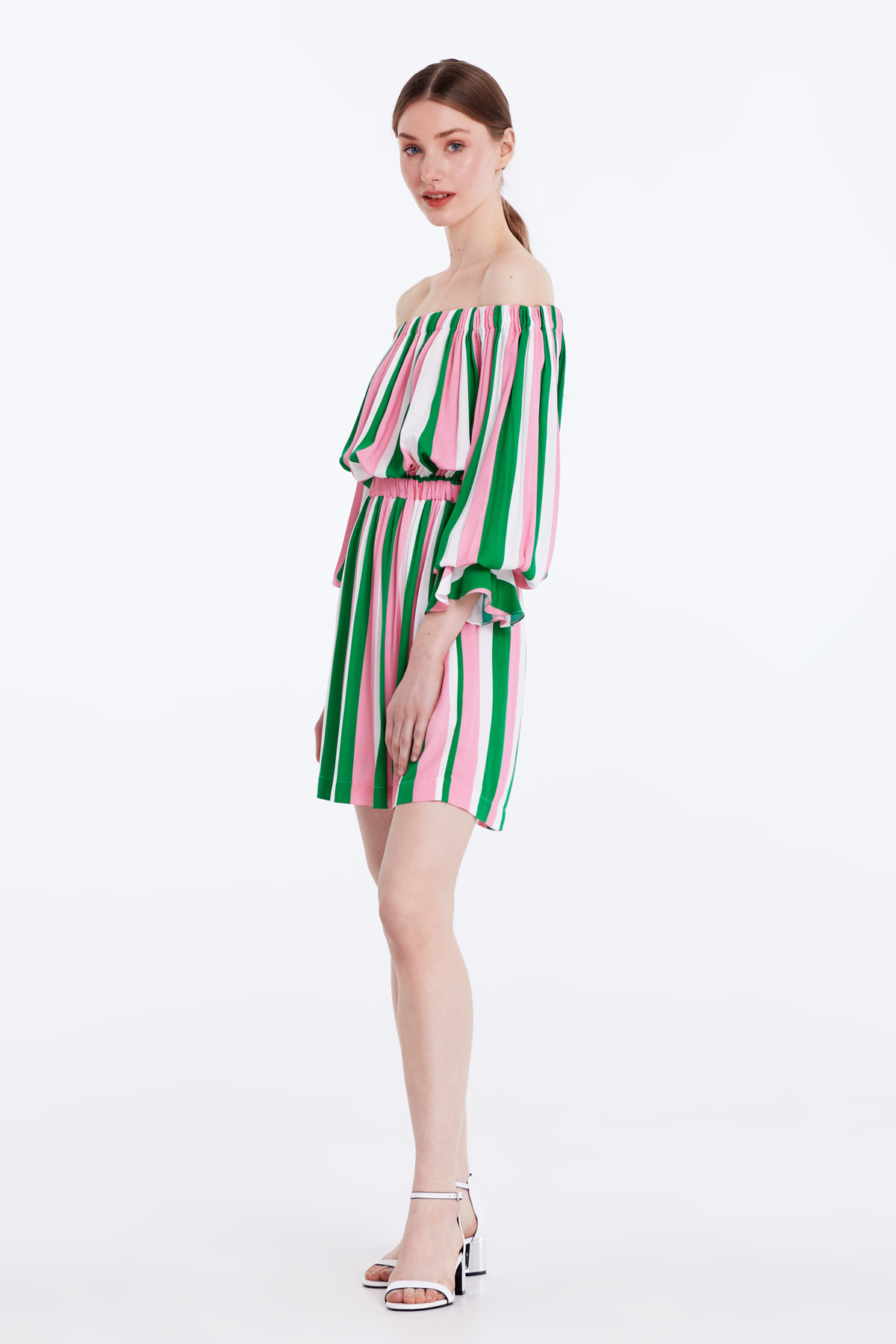 Off-shoulder dress with white, green and pink stripes, photo 4