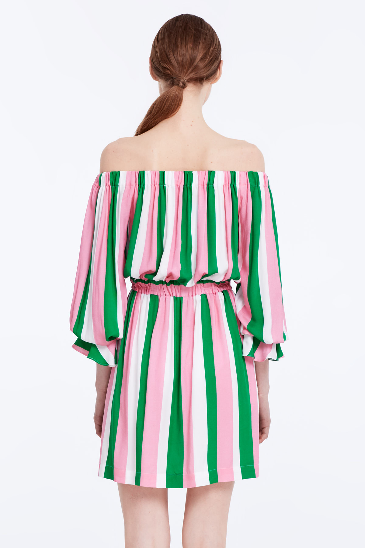 Сукня з відкритими плечима в білу, зелену та рожеву смужку , фото 5