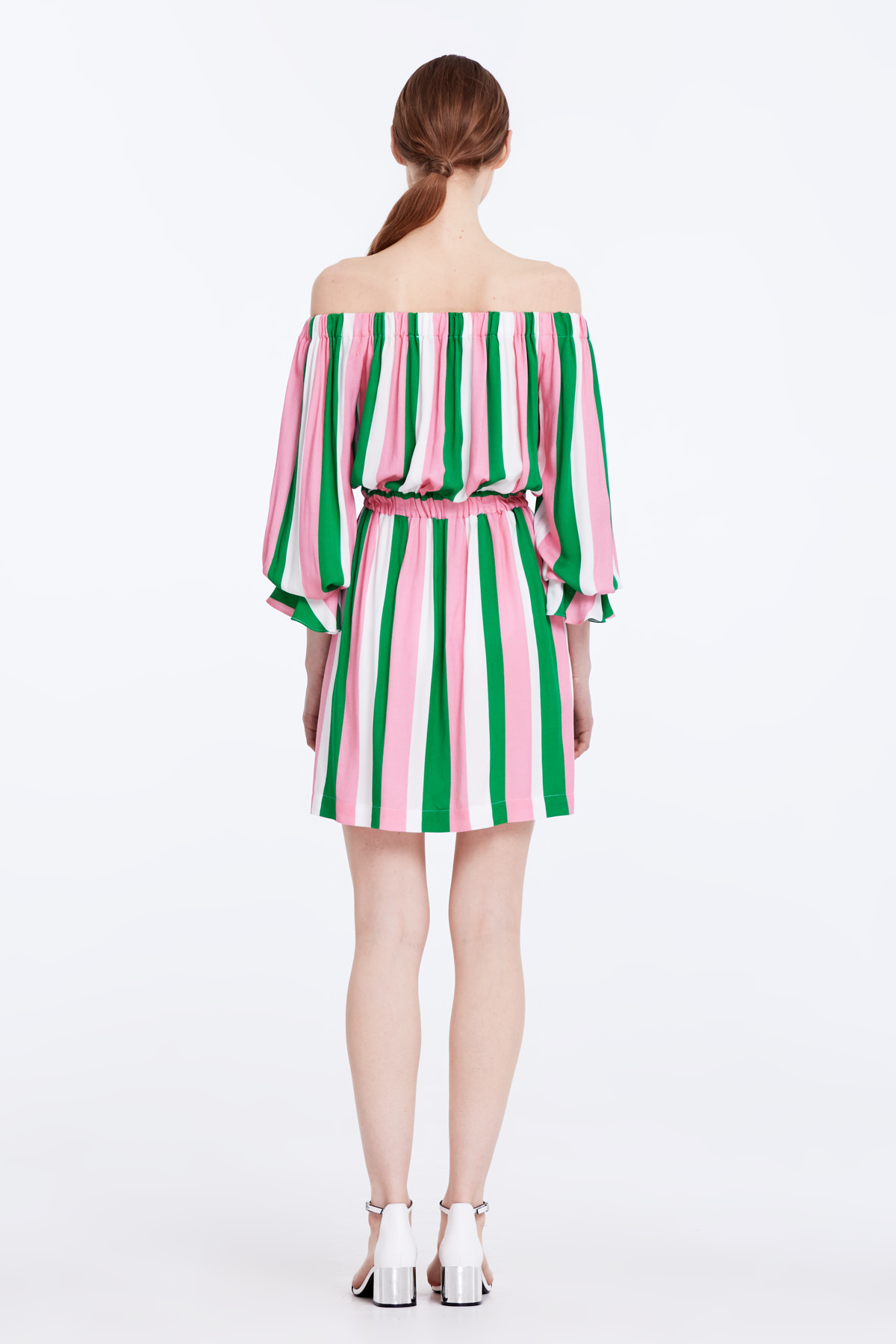 Off-shoulder dress with white, green and pink stripes, photo 6