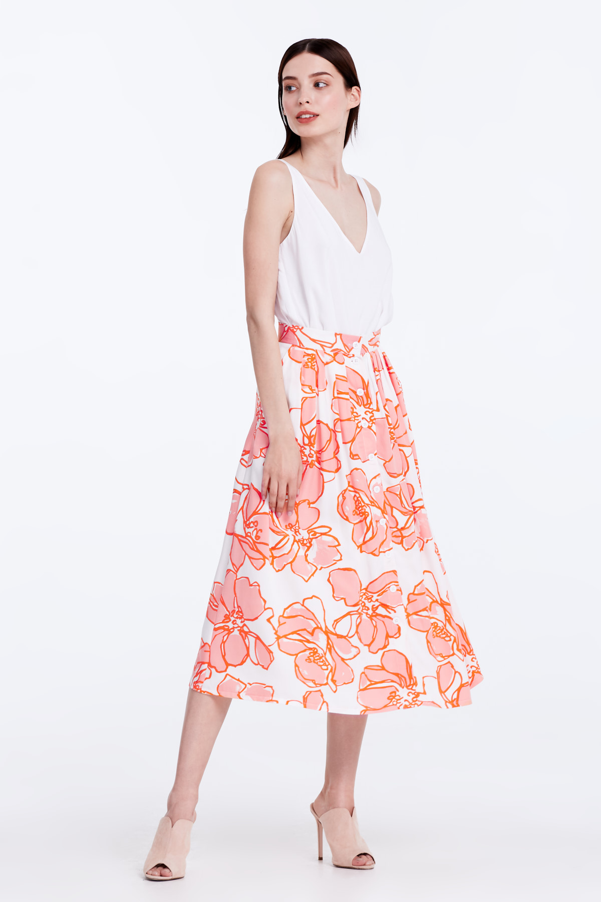 Midi white skirt with a floral print and buttons, photo 4