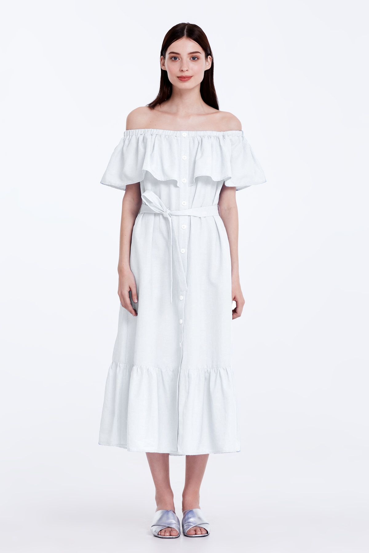Біла сукня з відкритими плечима та воланом, фото 1