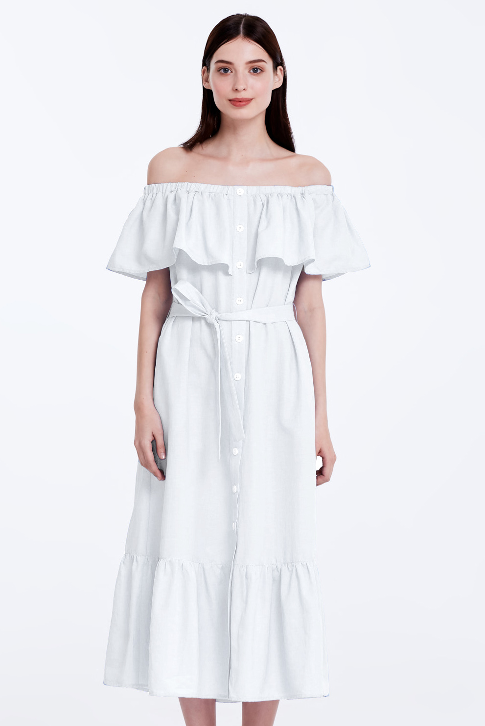 Біла сукня з відкритими плечима та воланом, фото 2