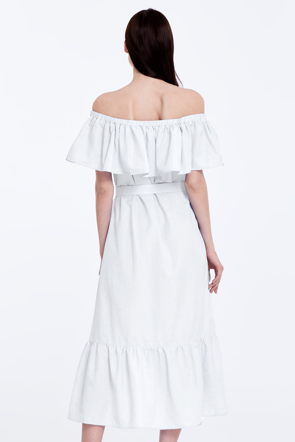 Біла сукня з відкритими плечима та воланом, фото 4