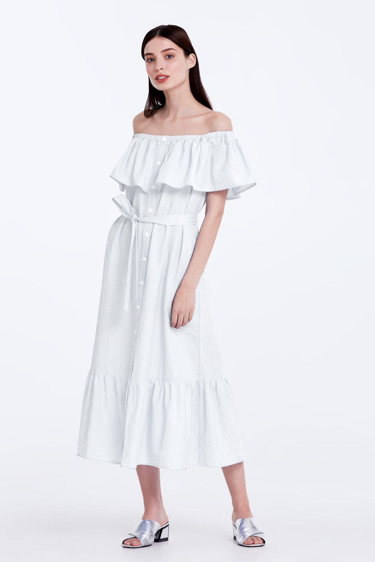 Біла сукня з відкритими плечима та воланом, фото 5