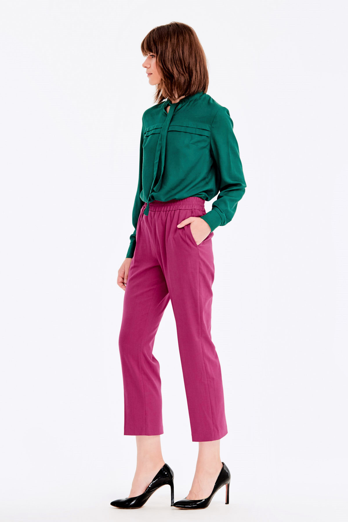 Fuschia trousers with an elastic waistband, photo 1