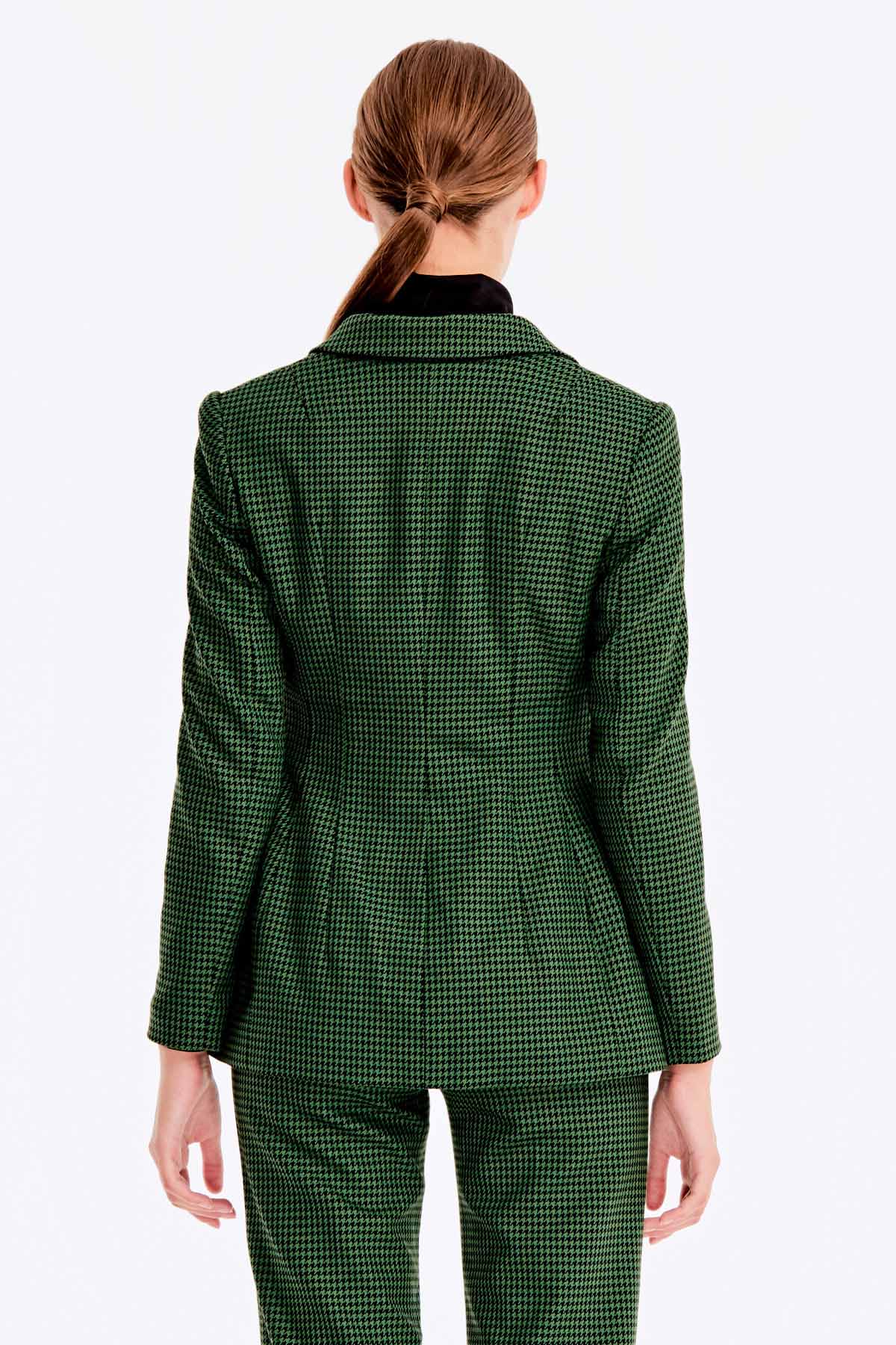 Double-breasted green jacket with a houndstooth print and pockets, photo 3