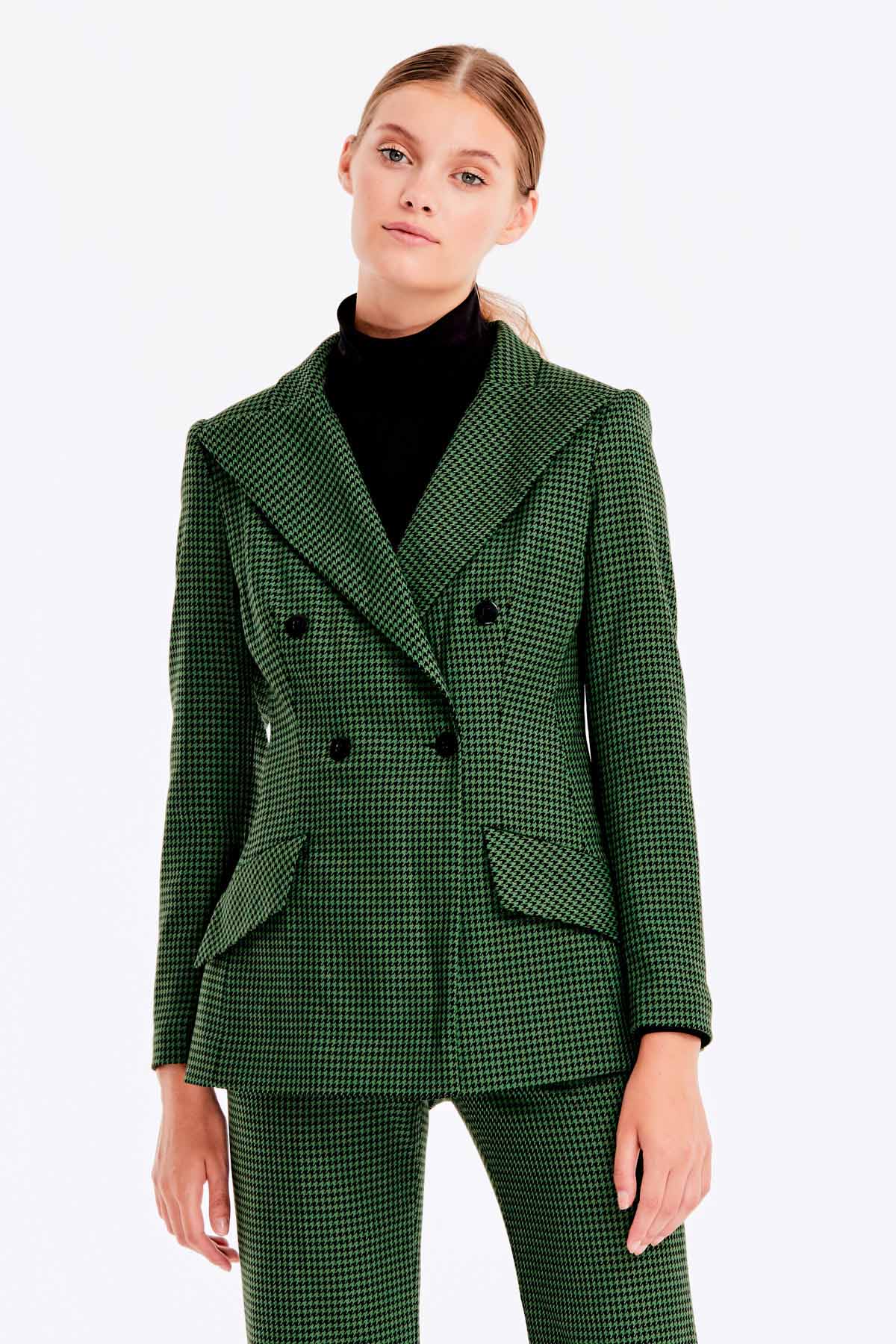 Double-breasted green jacket with a houndstooth print and pockets, photo 6