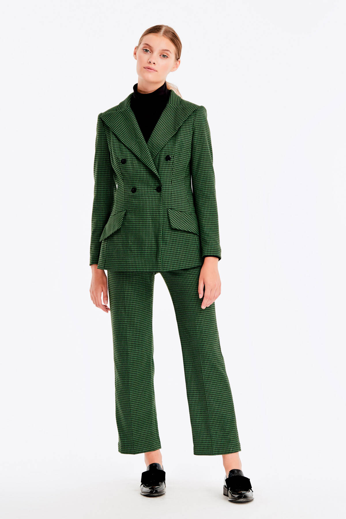 Double-breasted green jacket with a houndstooth print and pockets, photo 7