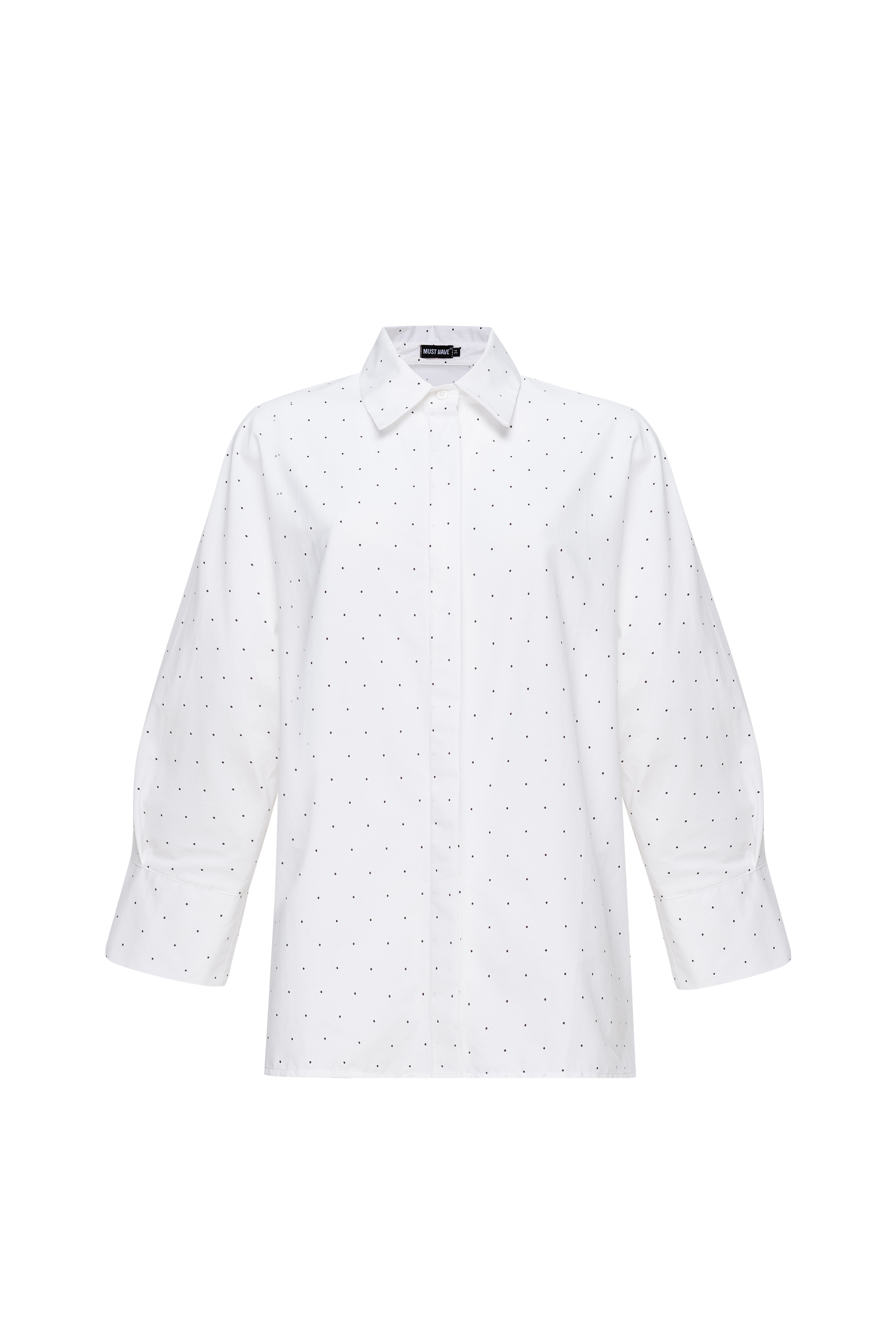 Loose-fitting white shirt with a black polka dot print and a concealed placket, photo 9
