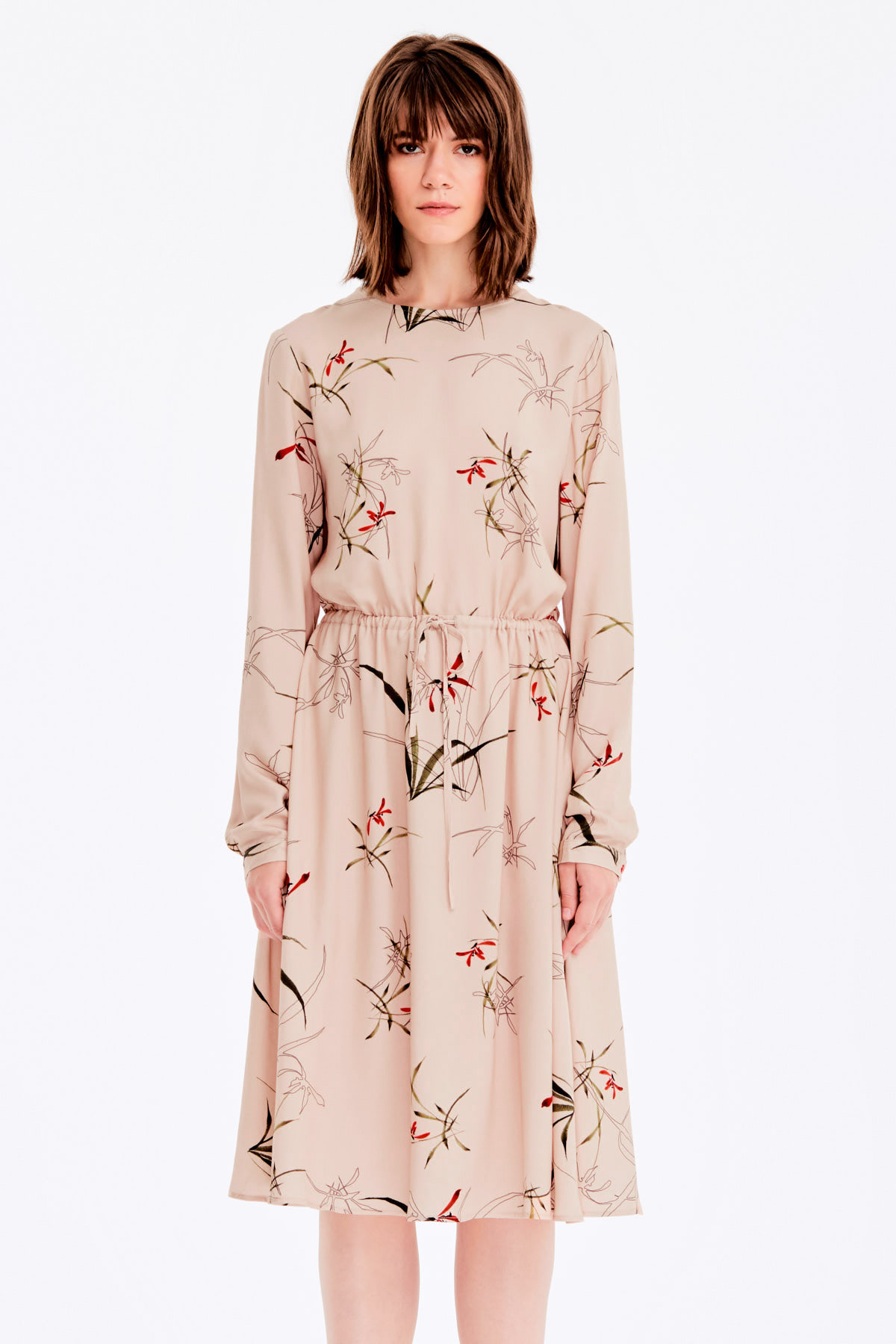 Beige dress with a floral print and ties, photo 1