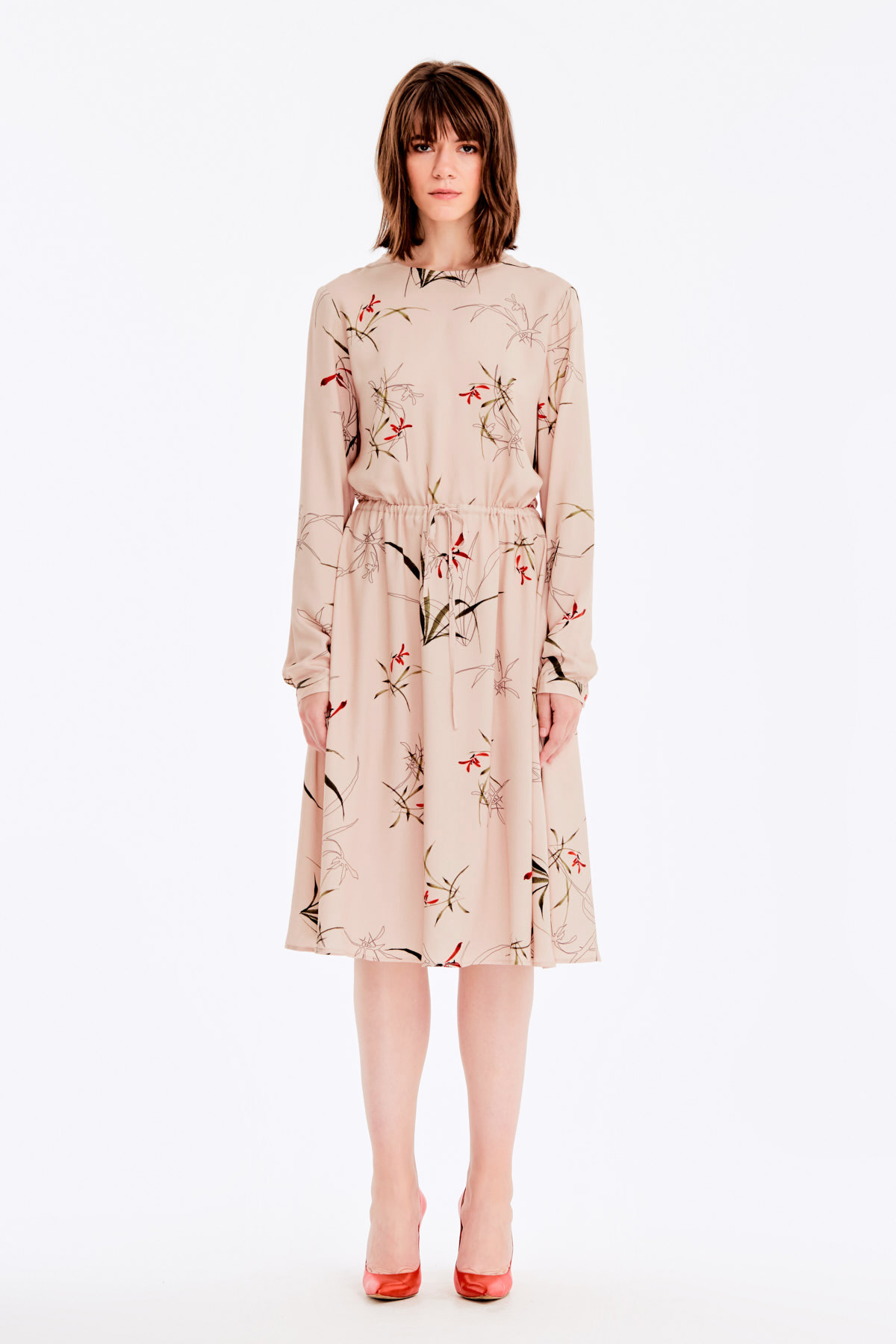 Beige dress with a floral print and ties, photo 3