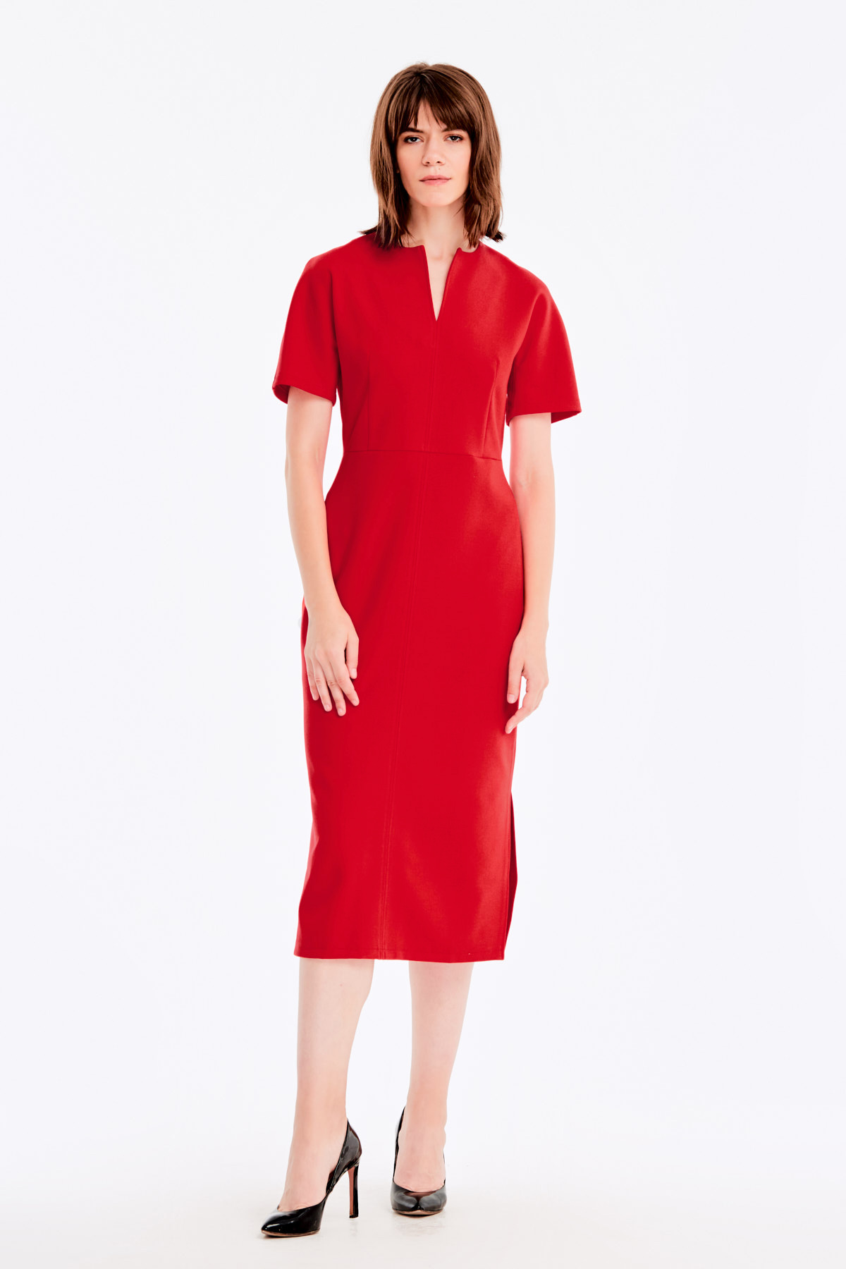 Червона сукня з V-подібним вирізом і розрізами , фото 3