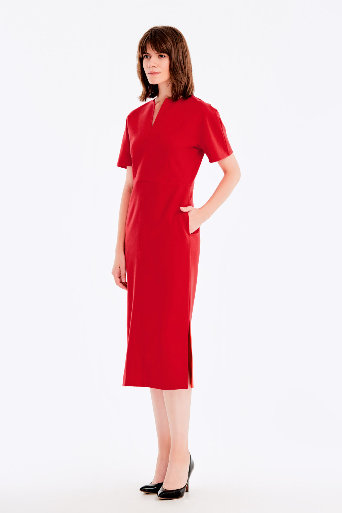 Червона сукня з V-подібним вирізом і розрізами , фото 4