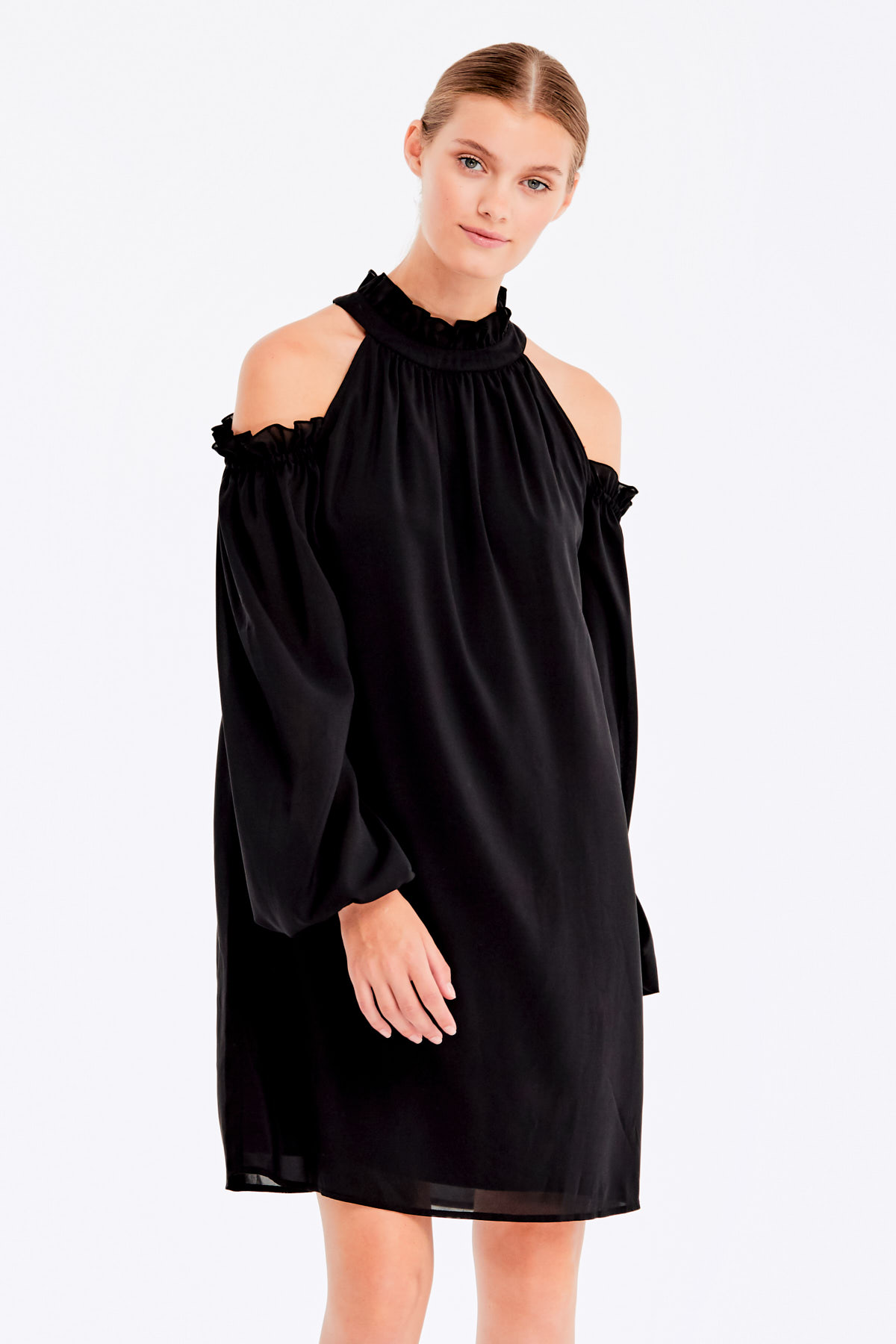 Open shoulder black chiffon dress, photo 2