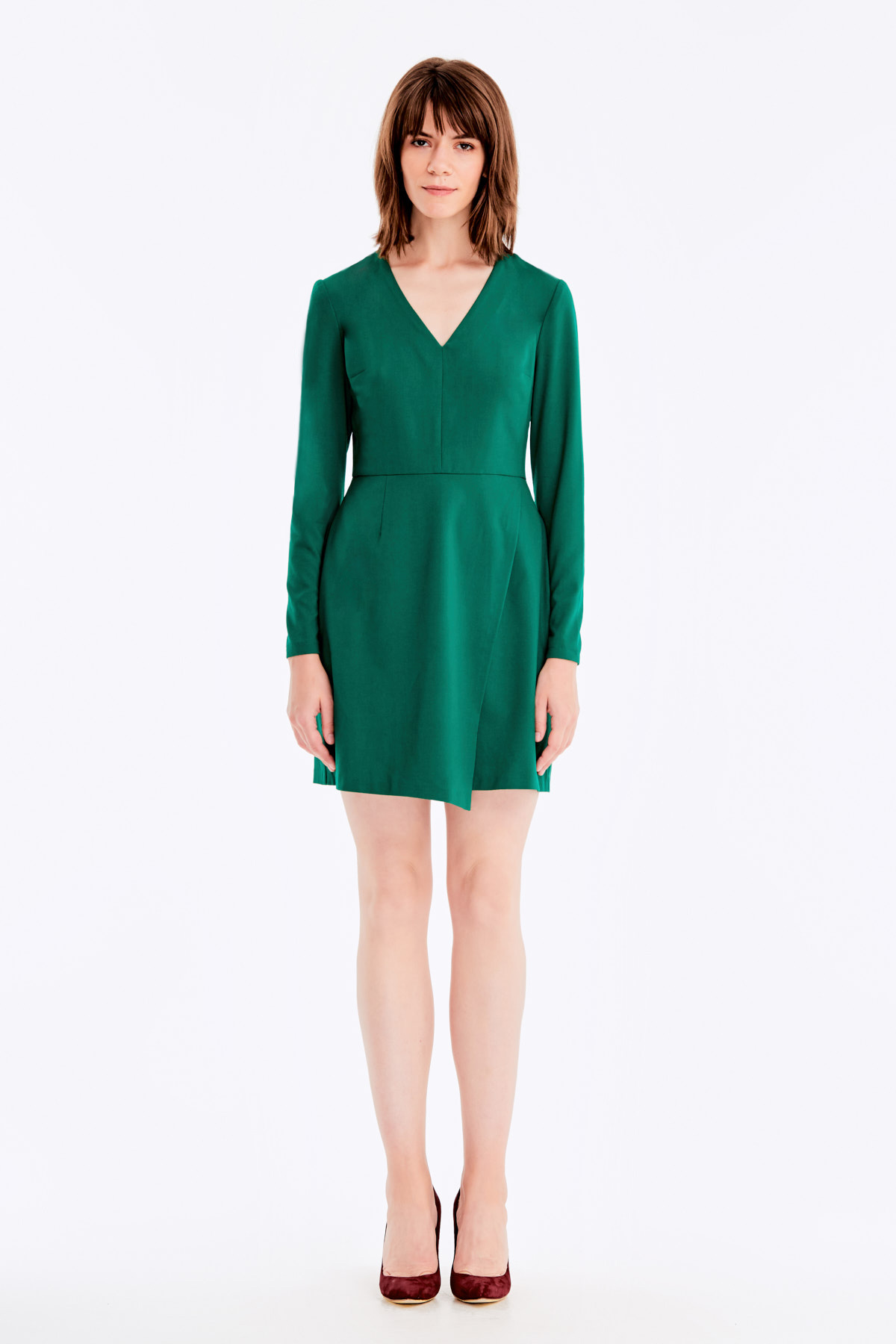 Зеленое платье с V-образным вырезом и юбкой на запах, фото 10
