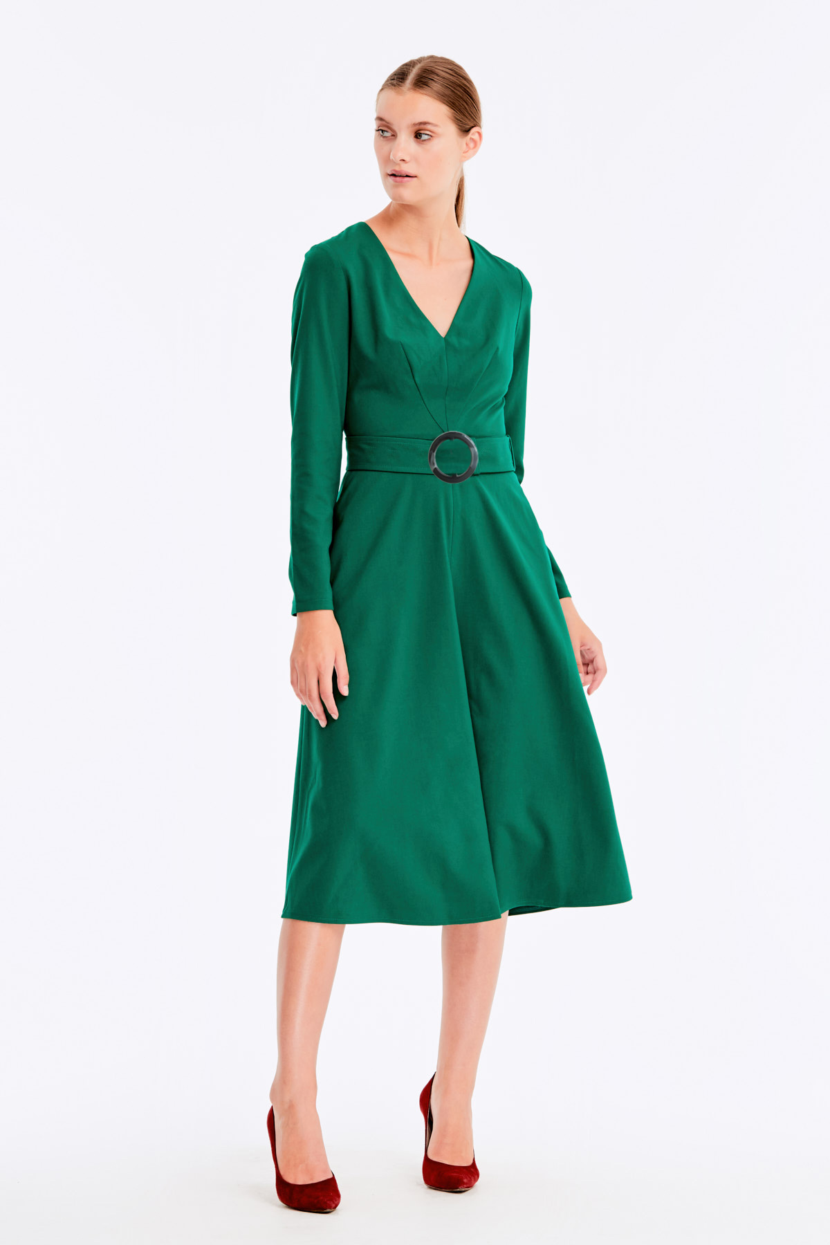 Зеленое платье миди с V-образным вырезом, фото 5