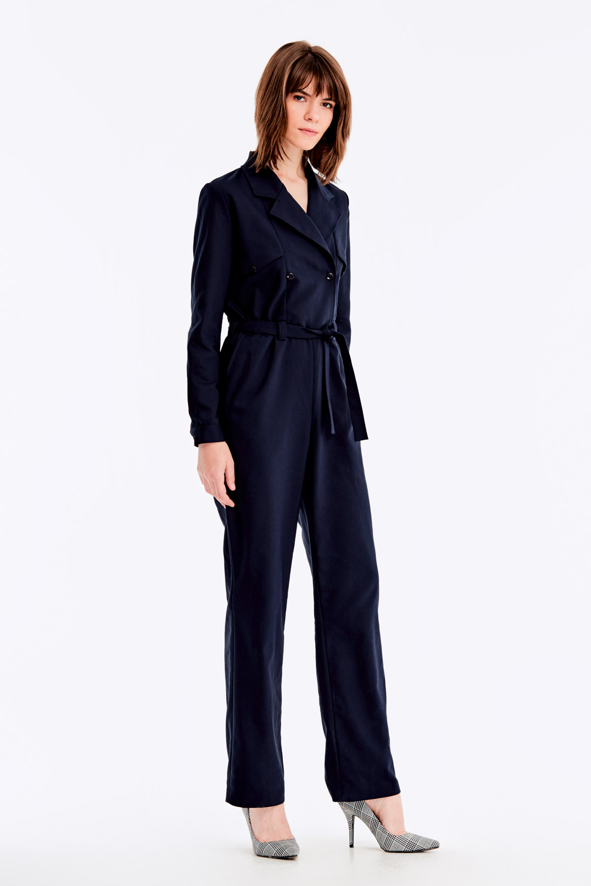 Dark-blue double-breasted jumpsuit with a belt, photo 3