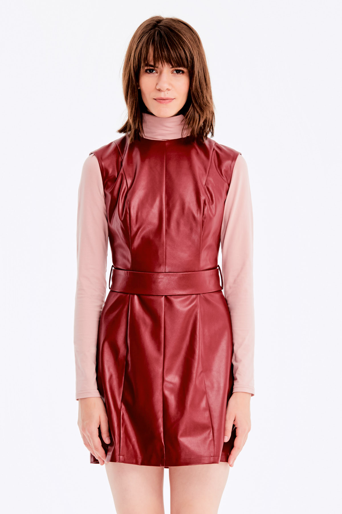 Below-knee burgundy leather dress , photo 2