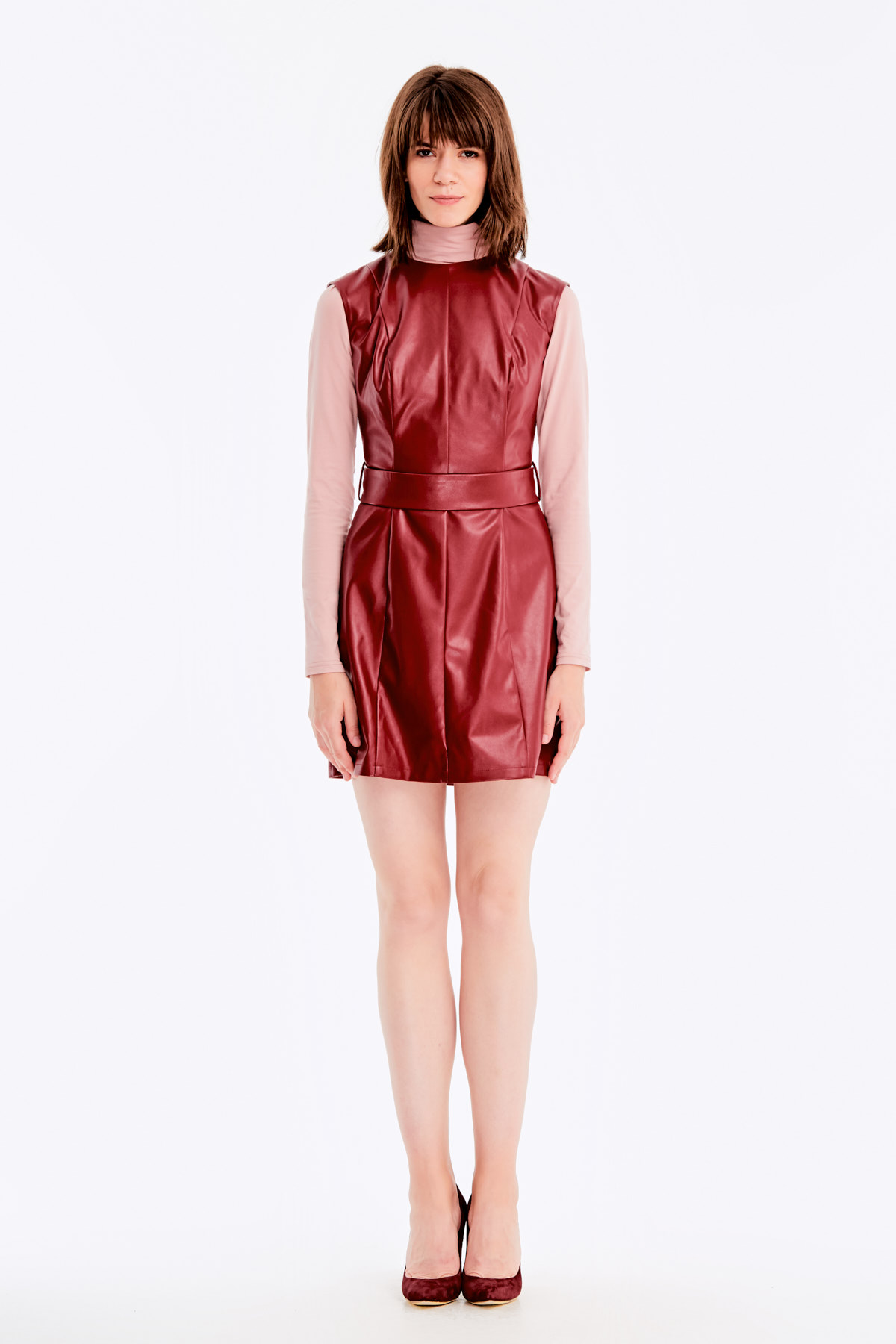 Below-knee burgundy leather dress , photo 3